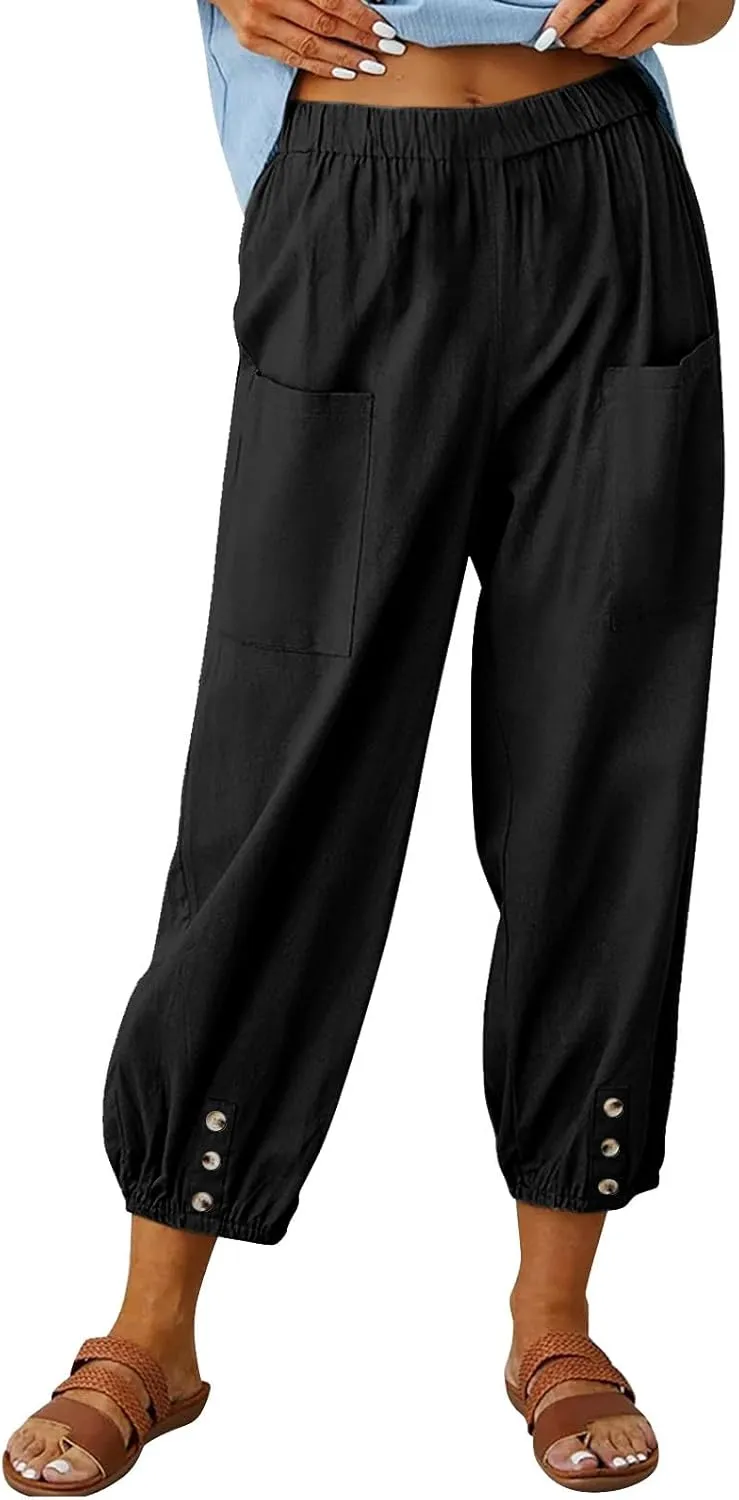 fartey Womens Linen Capri Pants Elastic High Waist Summer Beach Outfits Straight Leg Loose Lightweight Cropped Trouser
