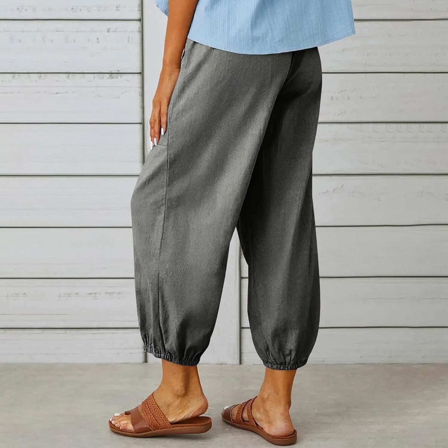 fartey Womens Linen Capri Pants Elastic High Waist Summer Beach Outfits Straight Leg Loose Lightweight Cropped Trouser