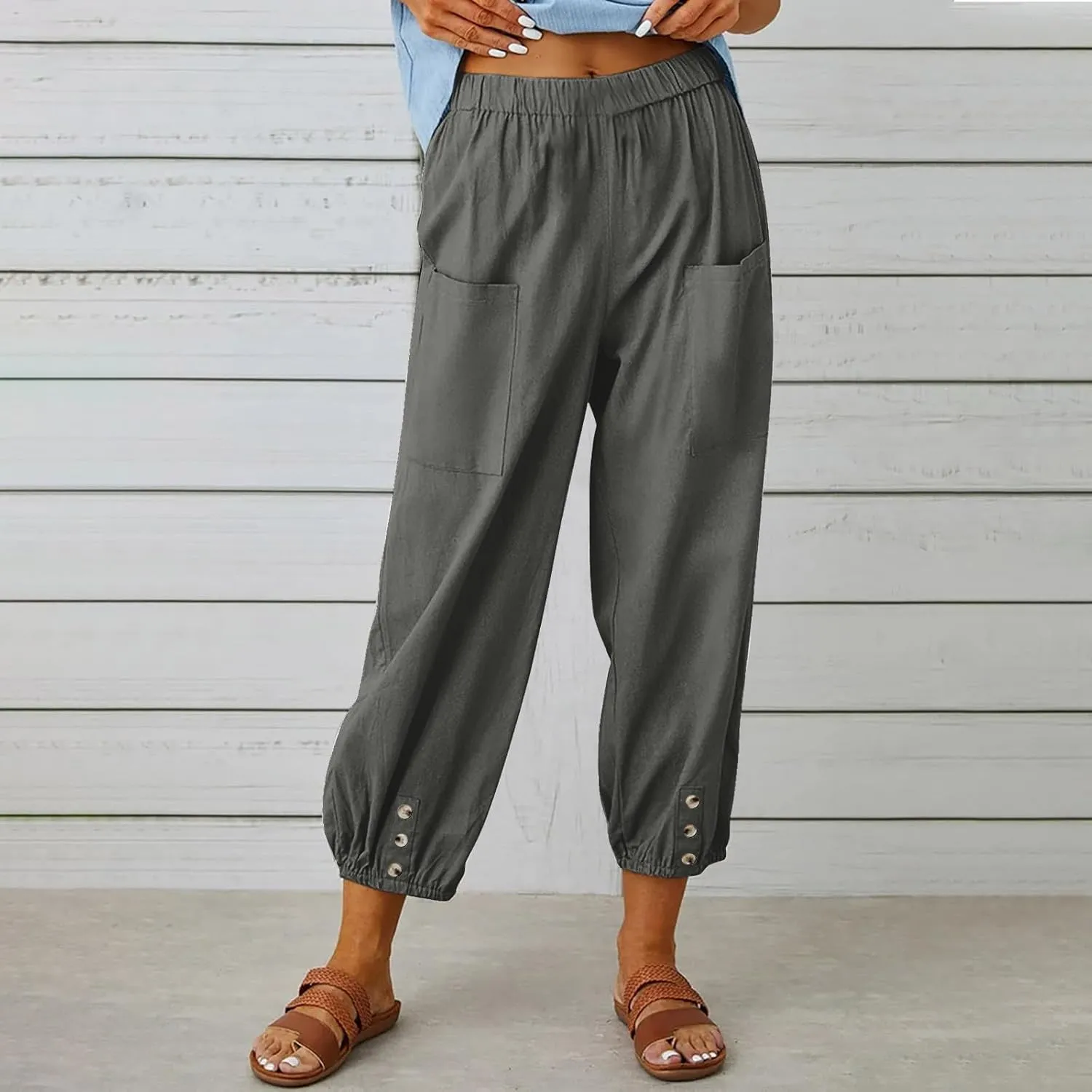 fartey Womens Linen Capri Pants Elastic High Waist Summer Beach Outfits Straight Leg Loose Lightweight Cropped Trouser