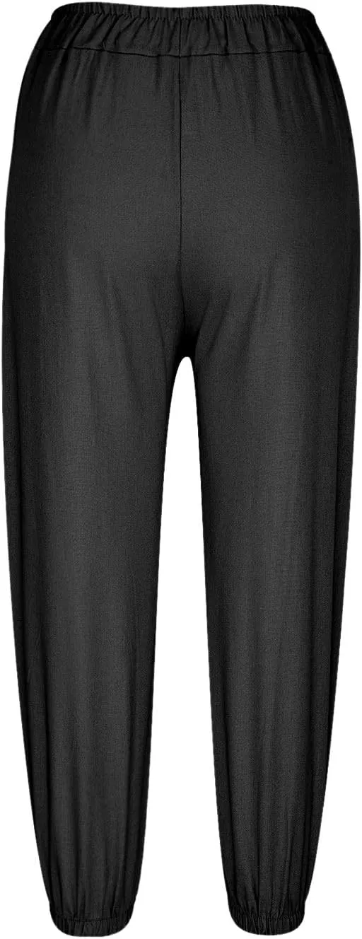 fartey Womens Linen Capri Pants Elastic High Waist Summer Beach Outfits Straight Leg Loose Lightweight Cropped Trouser