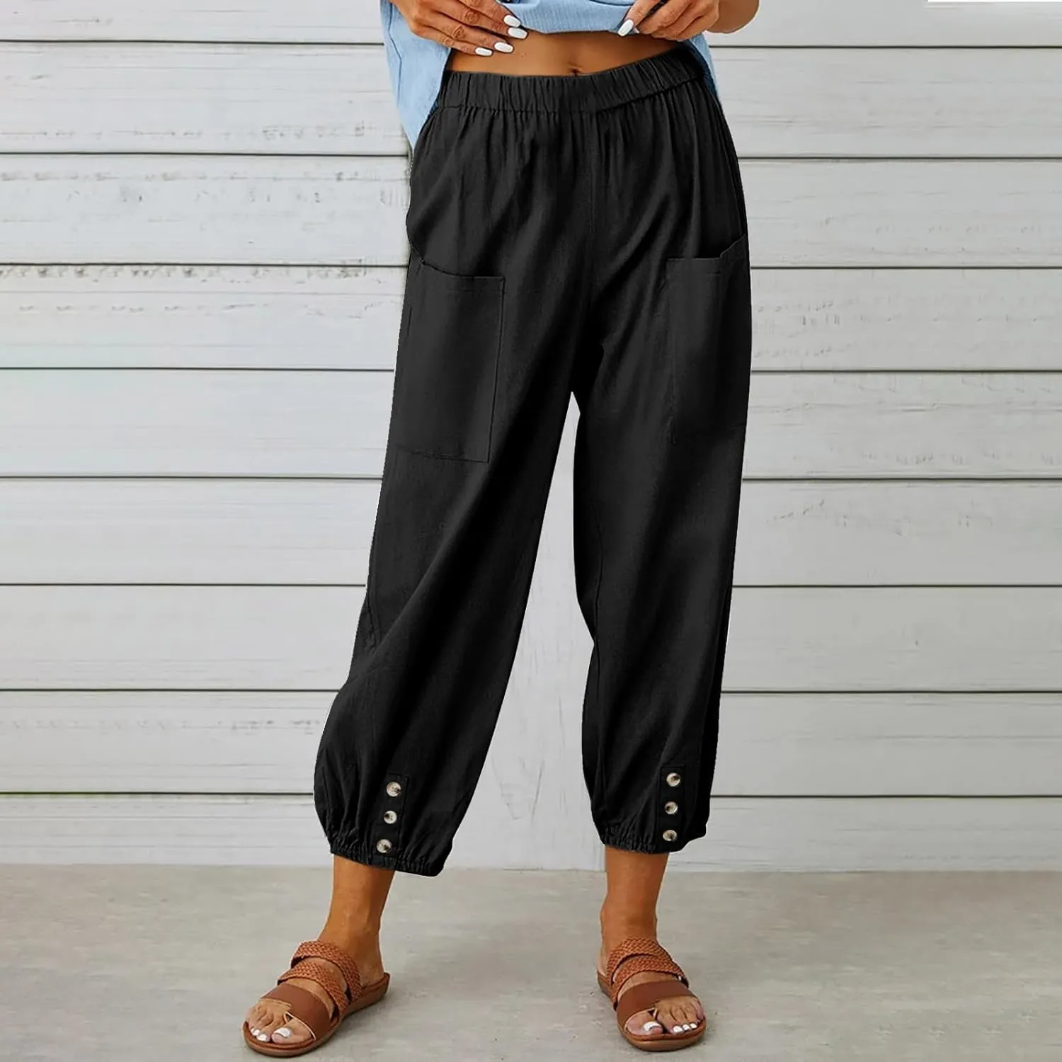 fartey Womens Linen Capri Pants Elastic High Waist Summer Beach Outfits Straight Leg Loose Lightweight Cropped Trouser
