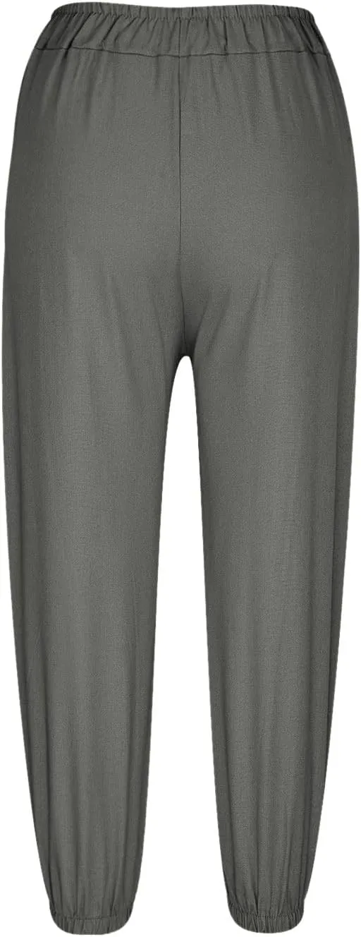 fartey Womens Linen Capri Pants Elastic High Waist Summer Beach Outfits Straight Leg Loose Lightweight Cropped Trouser