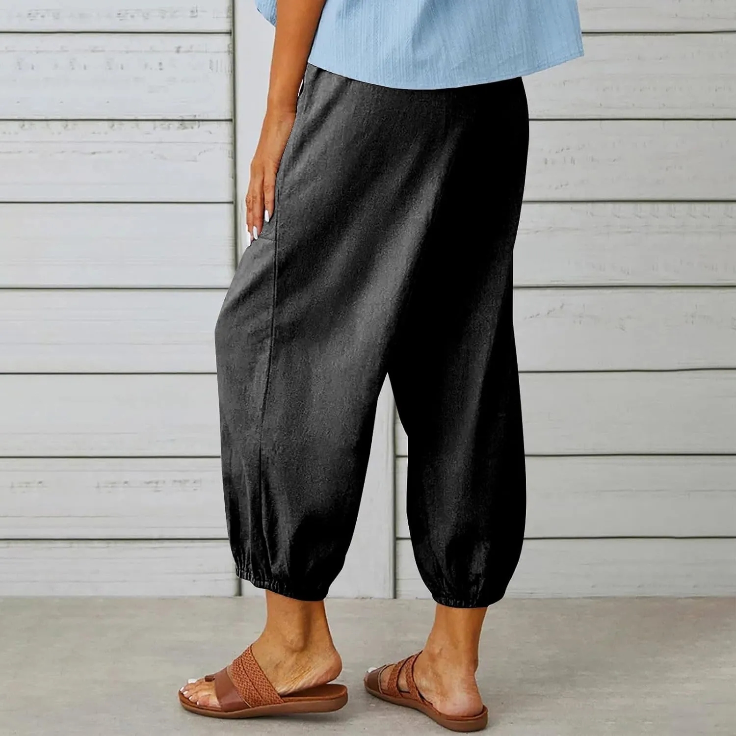 fartey Womens Linen Capri Pants Elastic High Waist Summer Beach Outfits Straight Leg Loose Lightweight Cropped Trouser