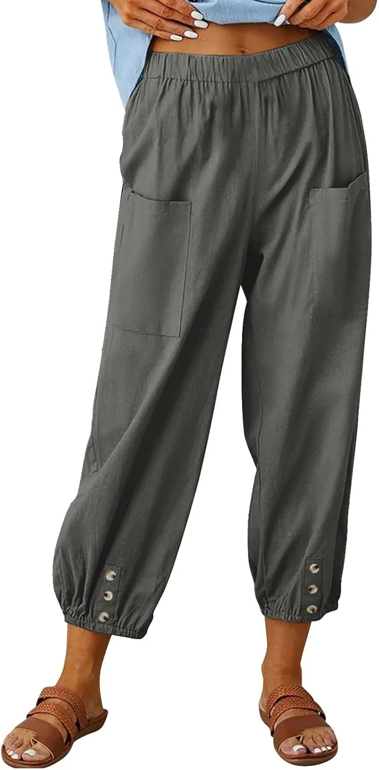 fartey Womens Linen Capri Pants Elastic High Waist Summer Beach Outfits Straight Leg Loose Lightweight Cropped Trouser