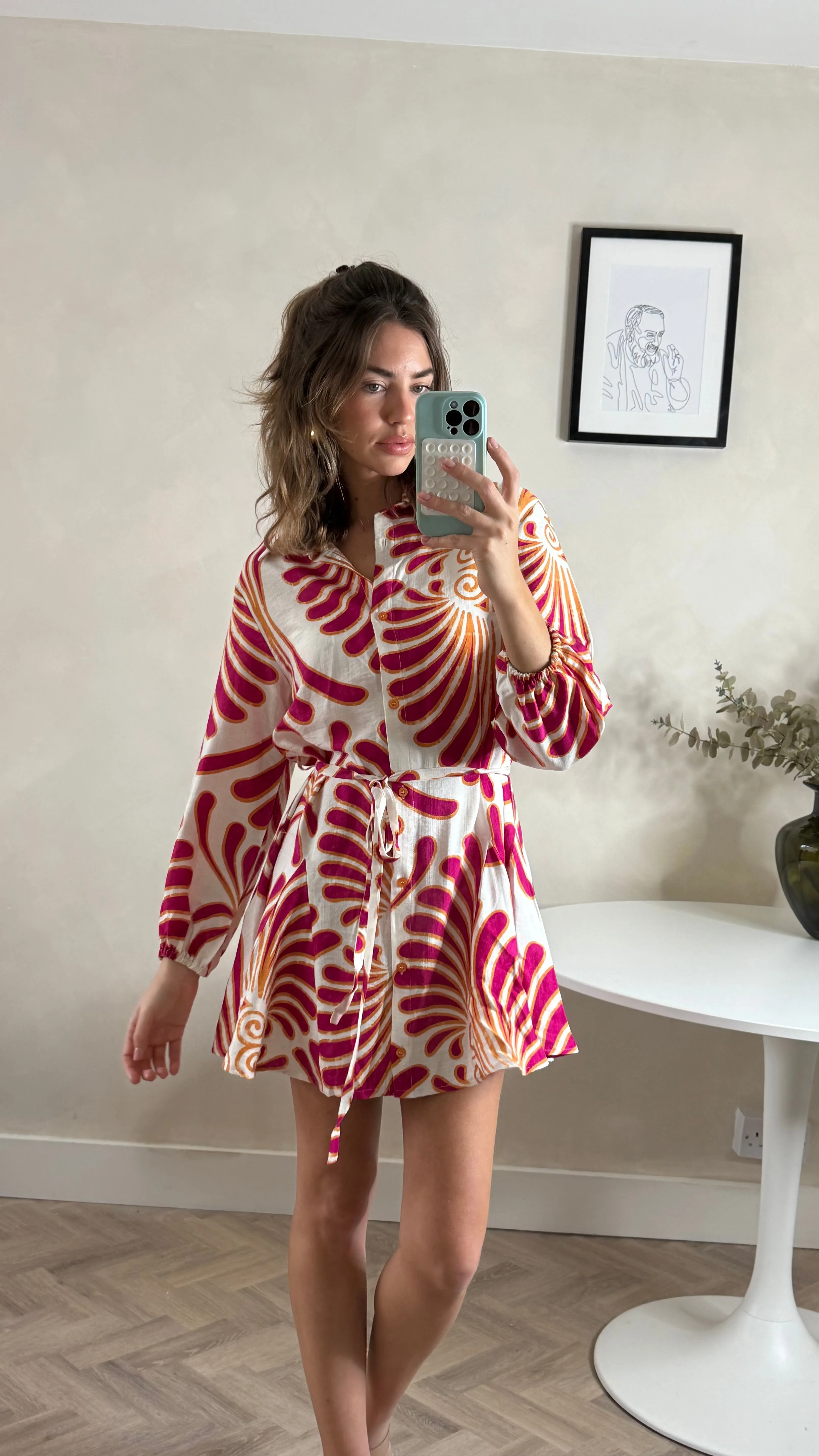 Myla Mini Tie Shirt Dress Red & Cream Flattering Lines