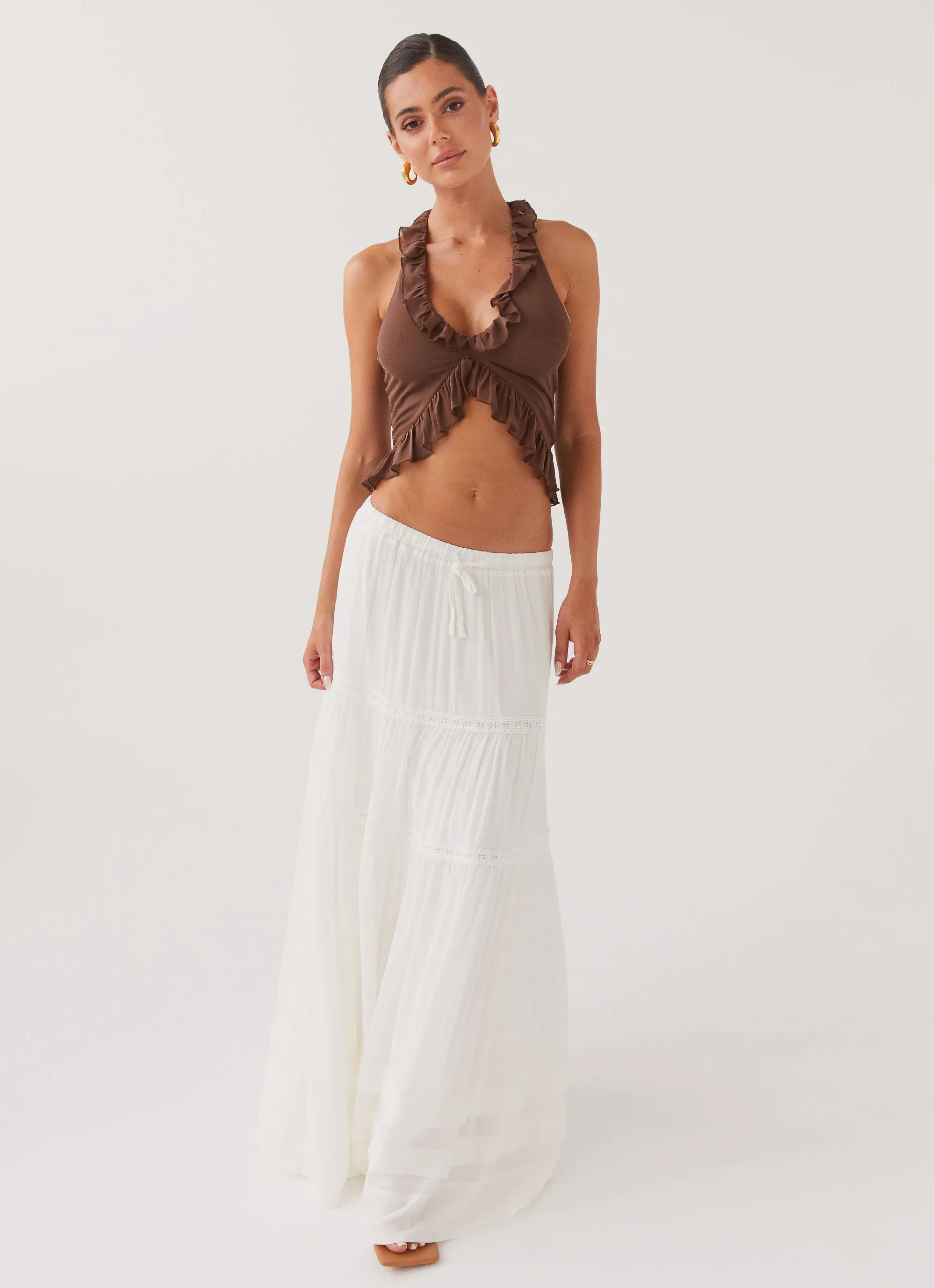 Moonstone Tiered Maxi Skirt - White Sequined Finish Smart Look