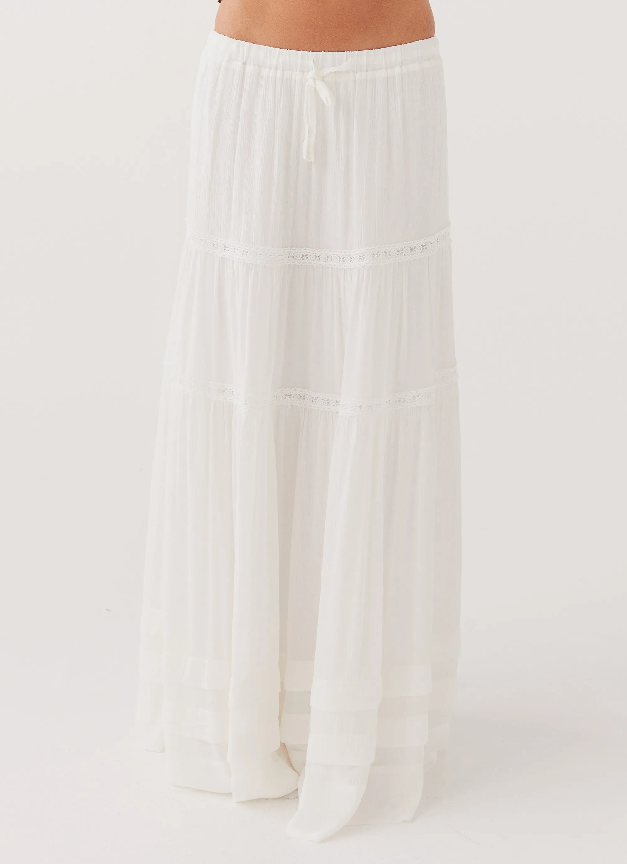 Moonstone Tiered Maxi Skirt - White Crisscross Details Fashion Week Ready