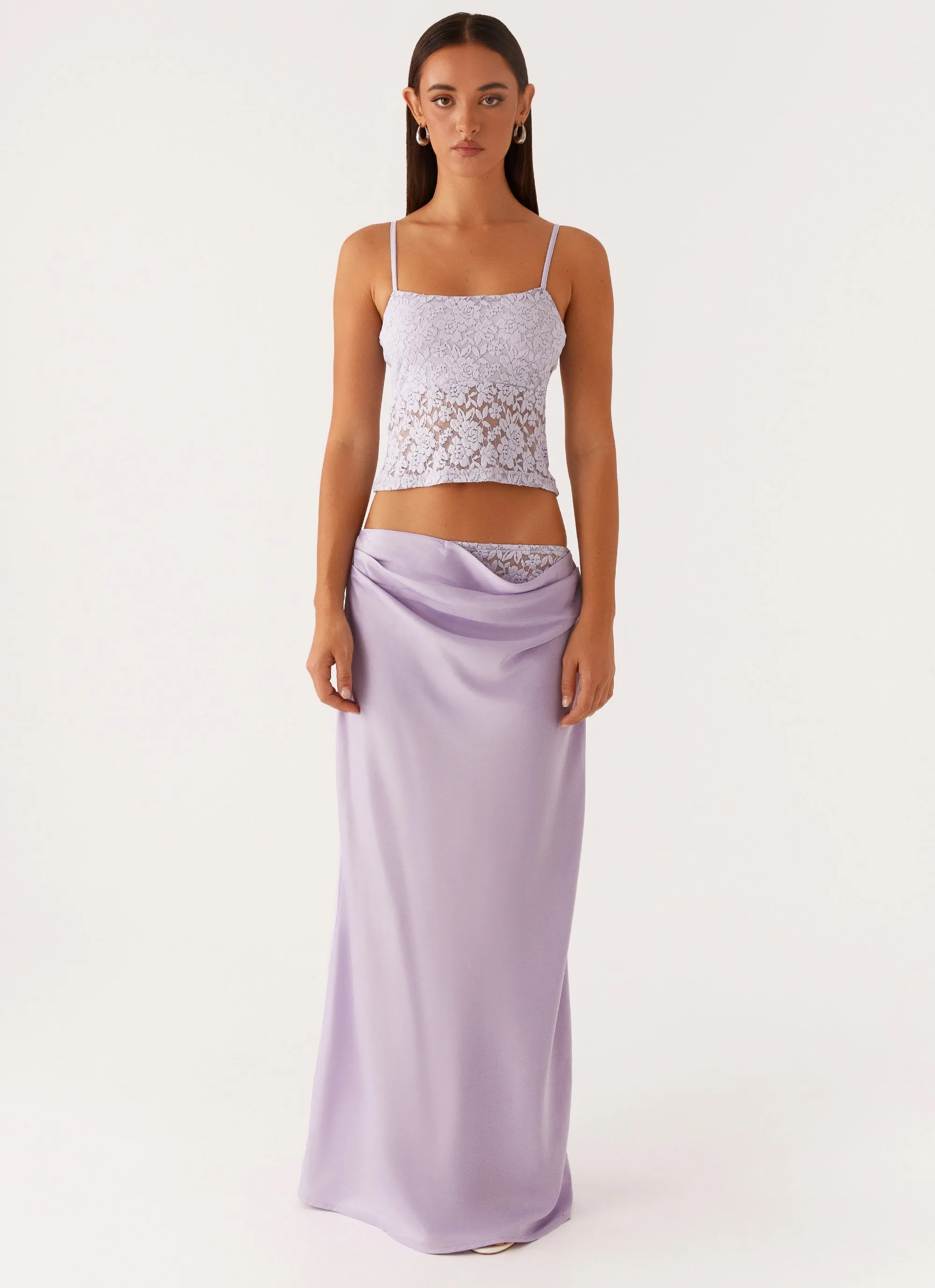Simple Fashion Chic Tones Nancy Lace Satin Maxi Skirt - Lilac