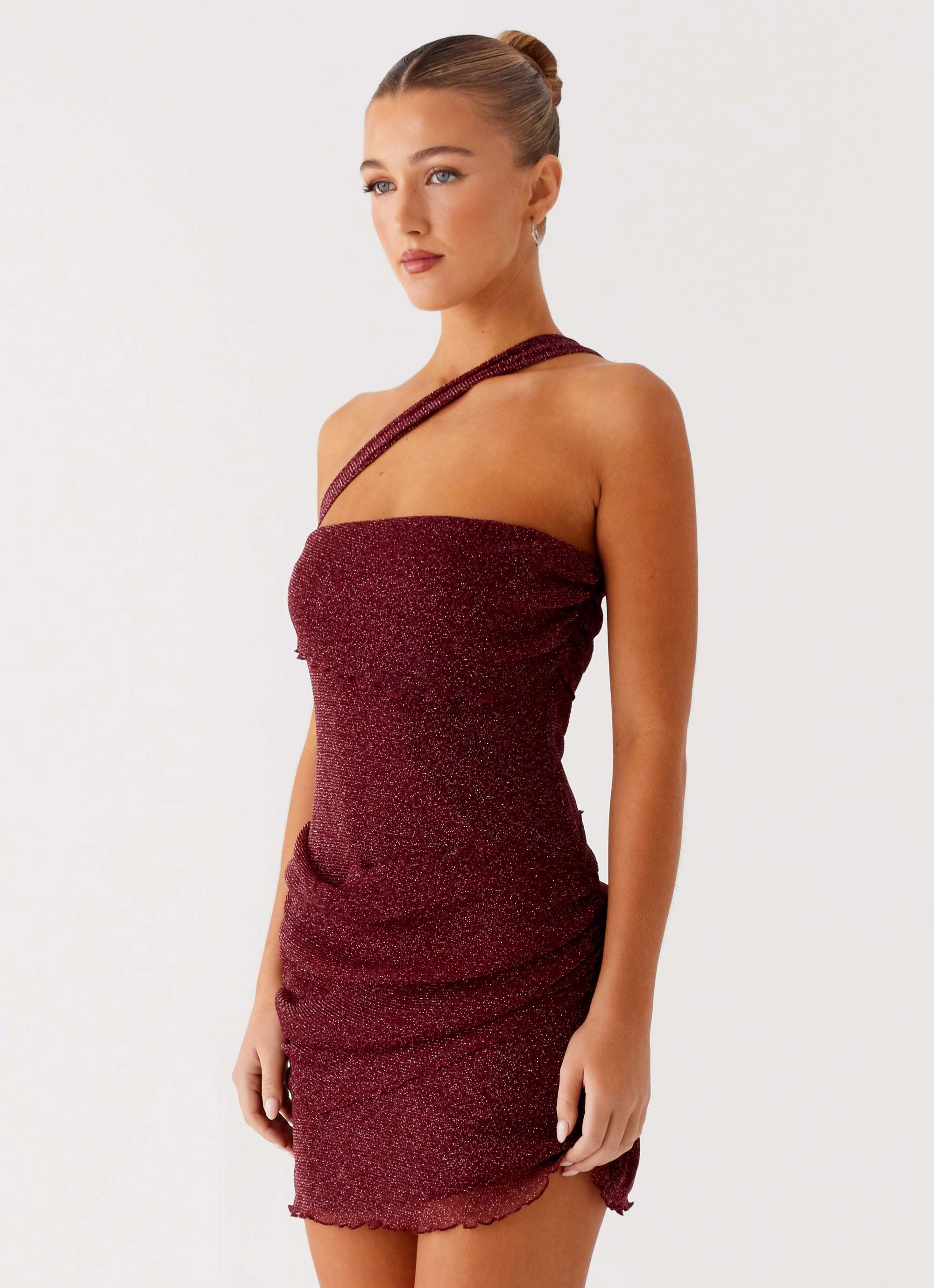 Office Friendly Sleek Waist Misty Mesh Mini Dress - Maroon