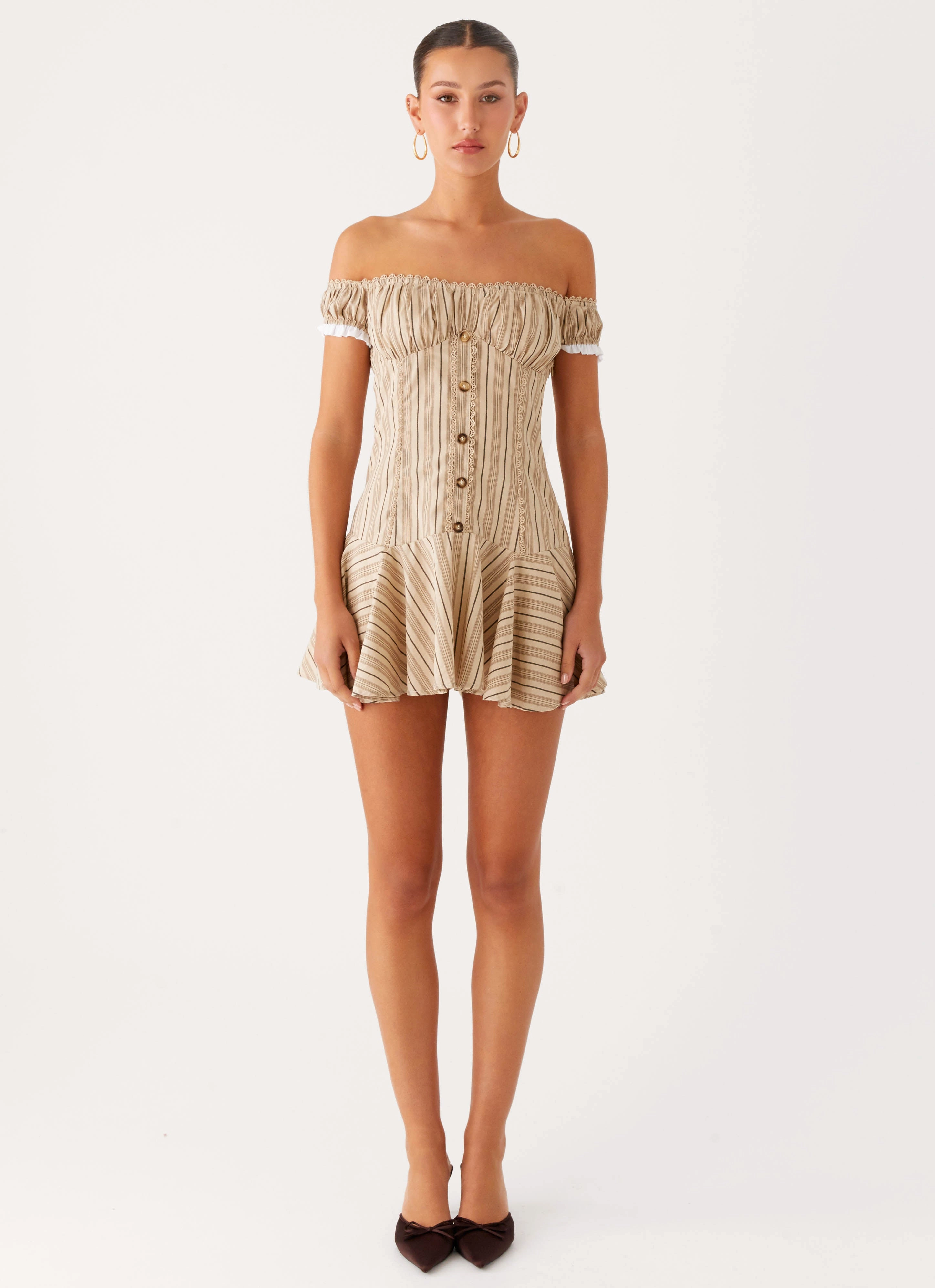 Jumana Off Shoulder Mini Dress - Off White Stripe Soft Weave