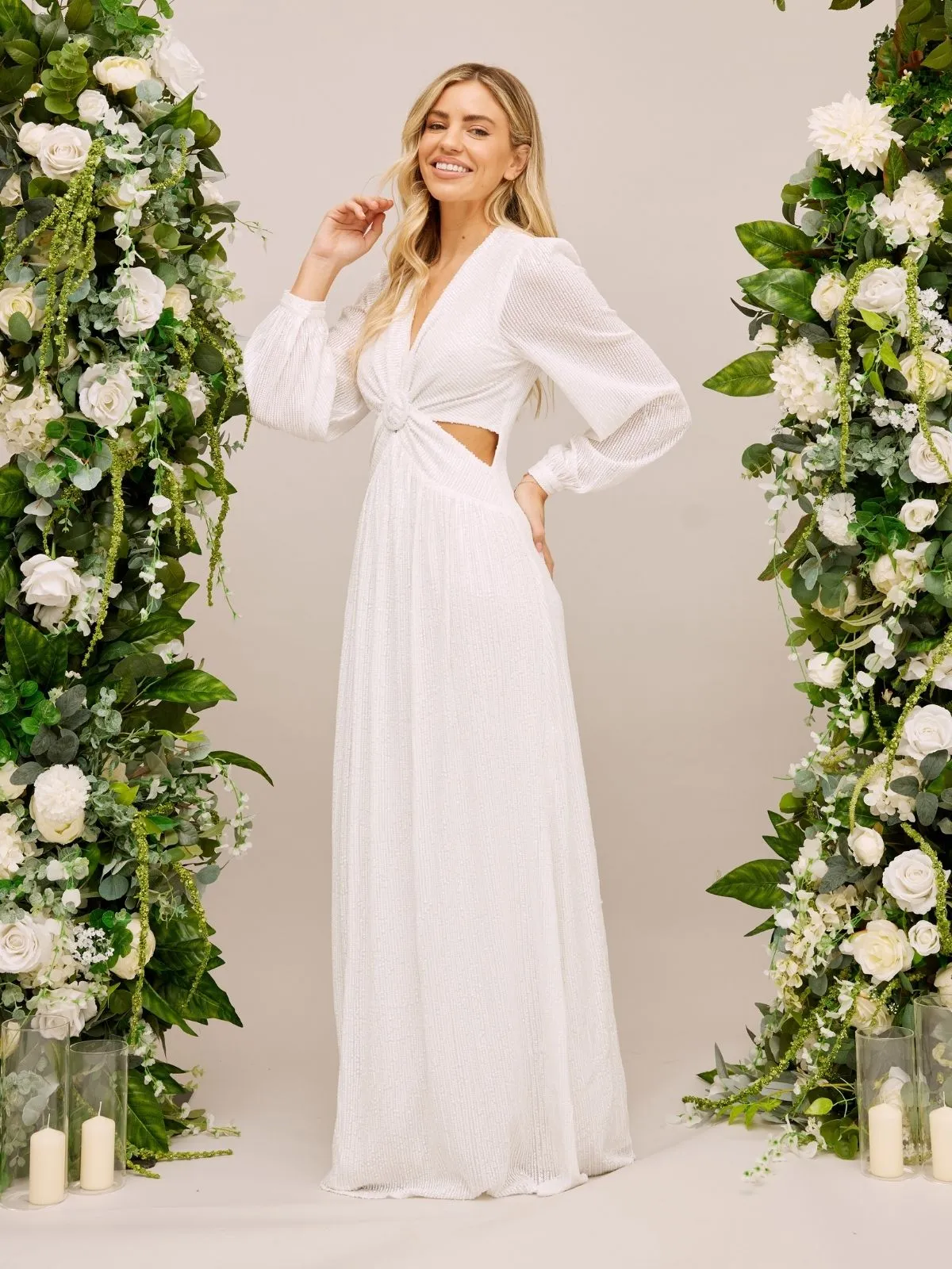 Sleek Form Sequin Cut Out Maxi Bridal Dress / White