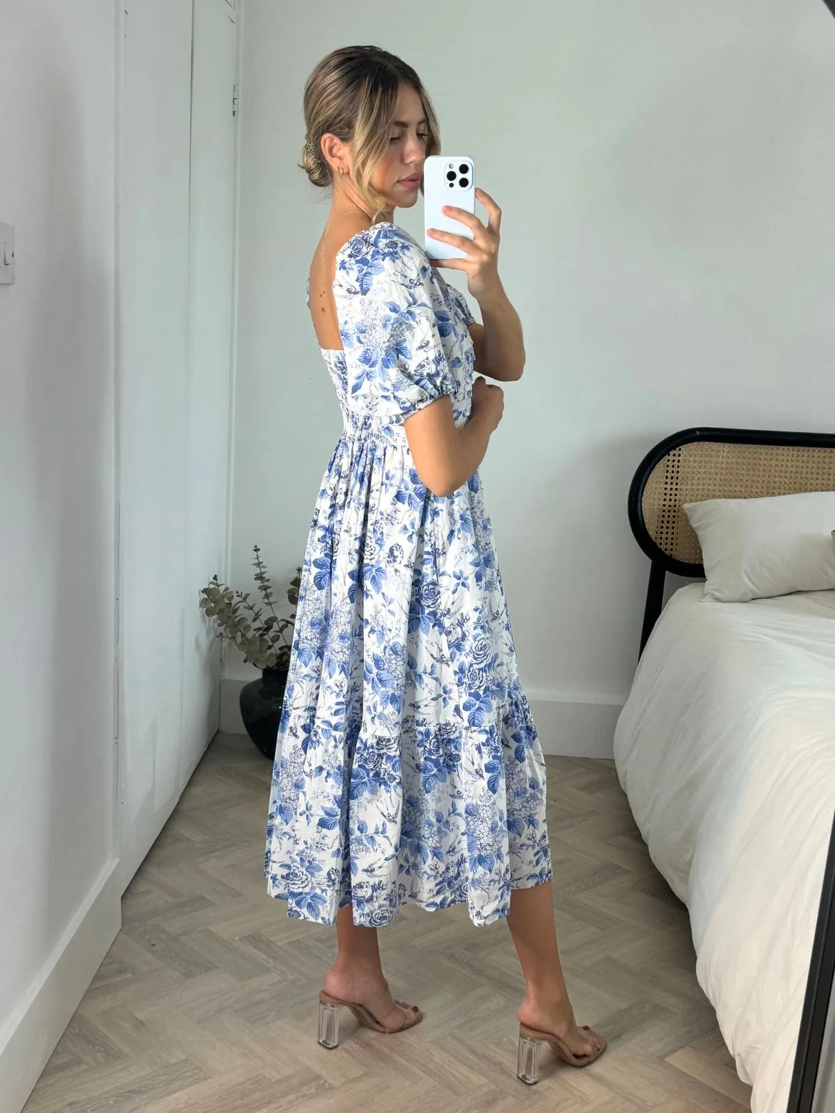Sharp Edge Leighton Puff Sleeve Midi Dress in Blue Floral