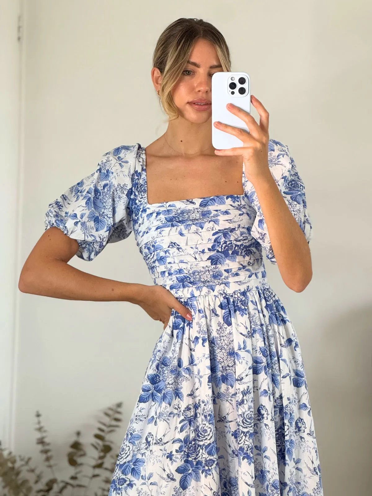 Leighton Puff Sleeve Midi Dress in Blue Floral Eco-friendly High Neck