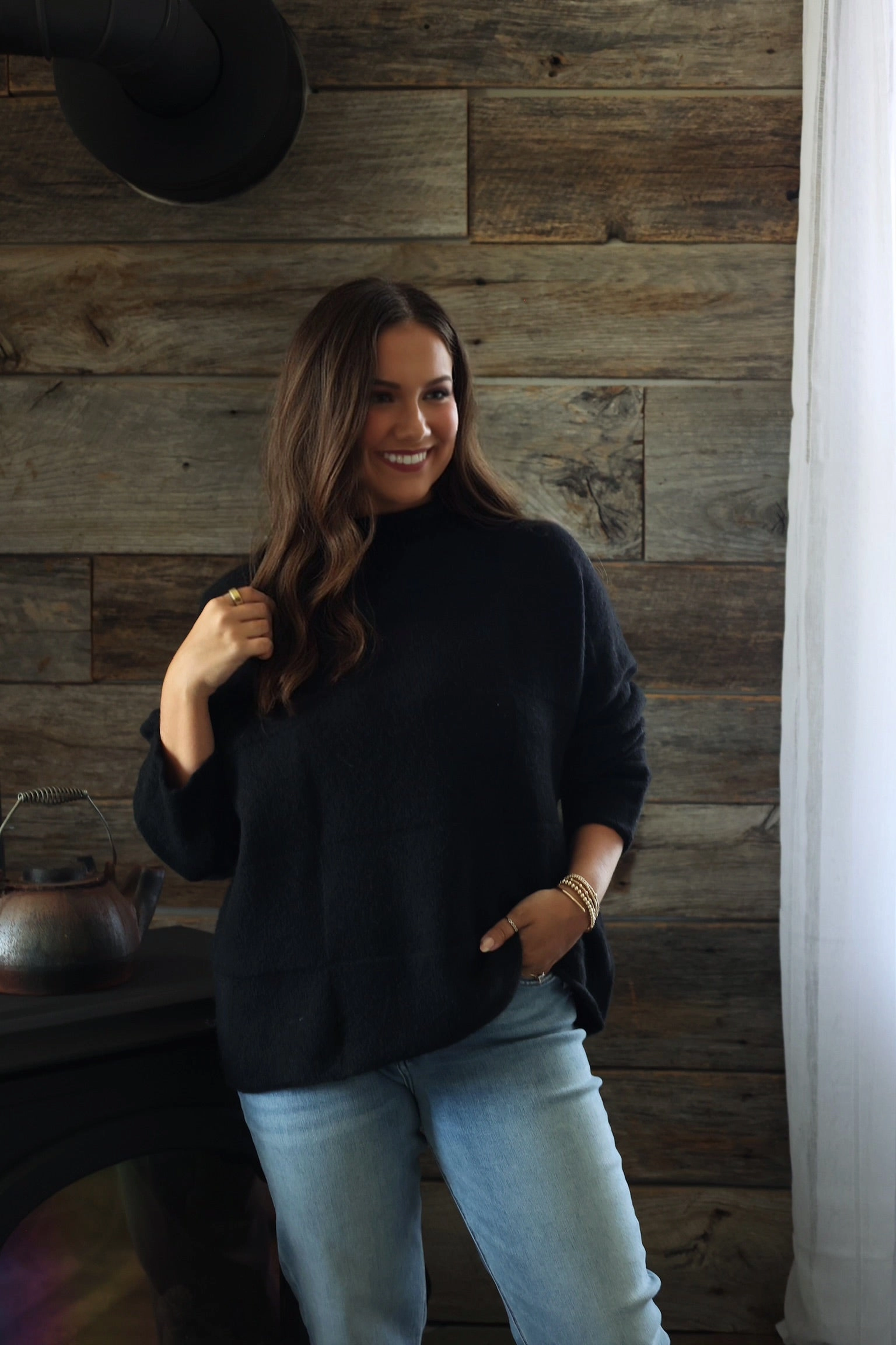 Ryleigh Mock Neck Sweater - Black (FINAL SALE) AntiPillingTreatment Hidden Button Placket