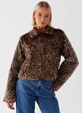 Foldable Collar Low Profile Insulation Raleigh Fur Jacket - Leopard