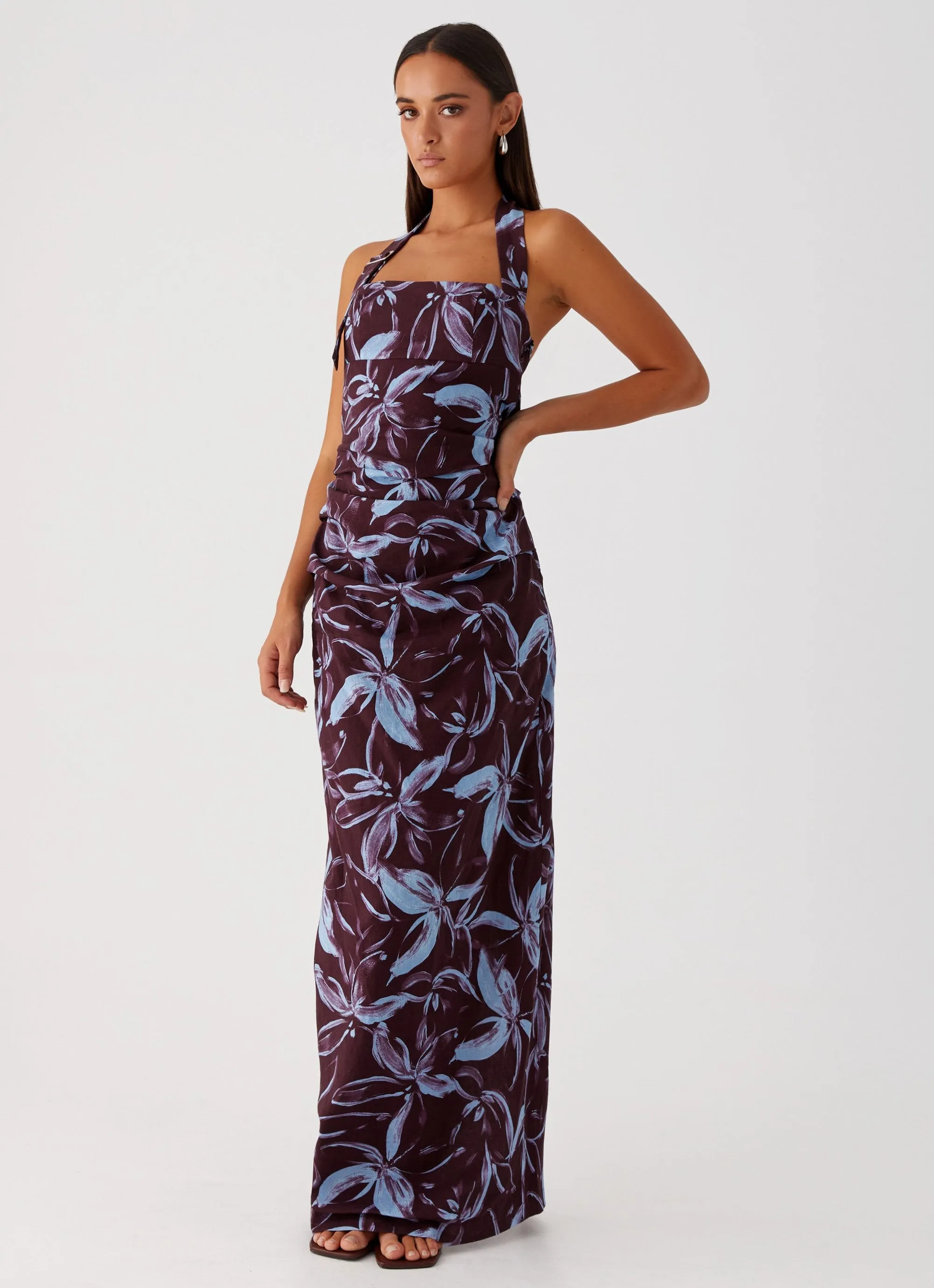 Fauna Halter Maxi Dress - Brown Purple Floral Mature Elegance