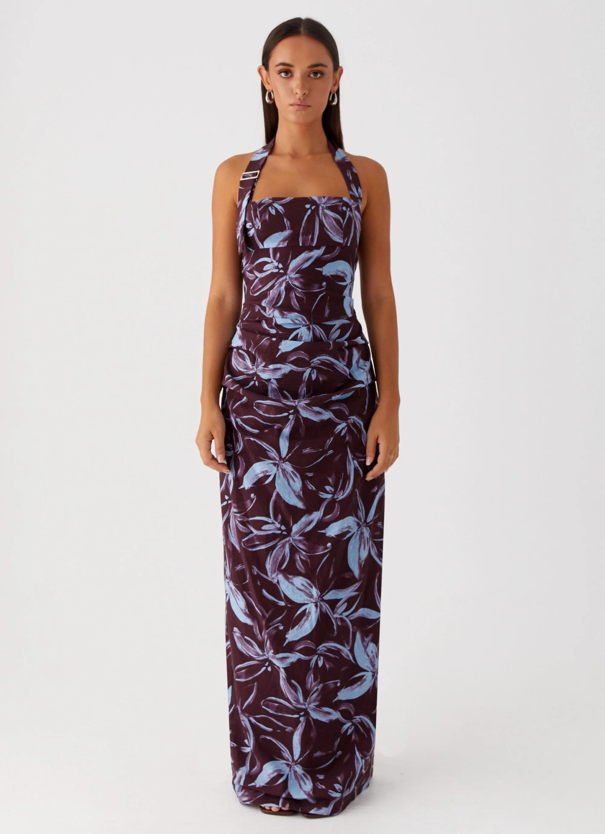 Fauna Halter Maxi Dress - Brown Purple Floral Comfort First Fit