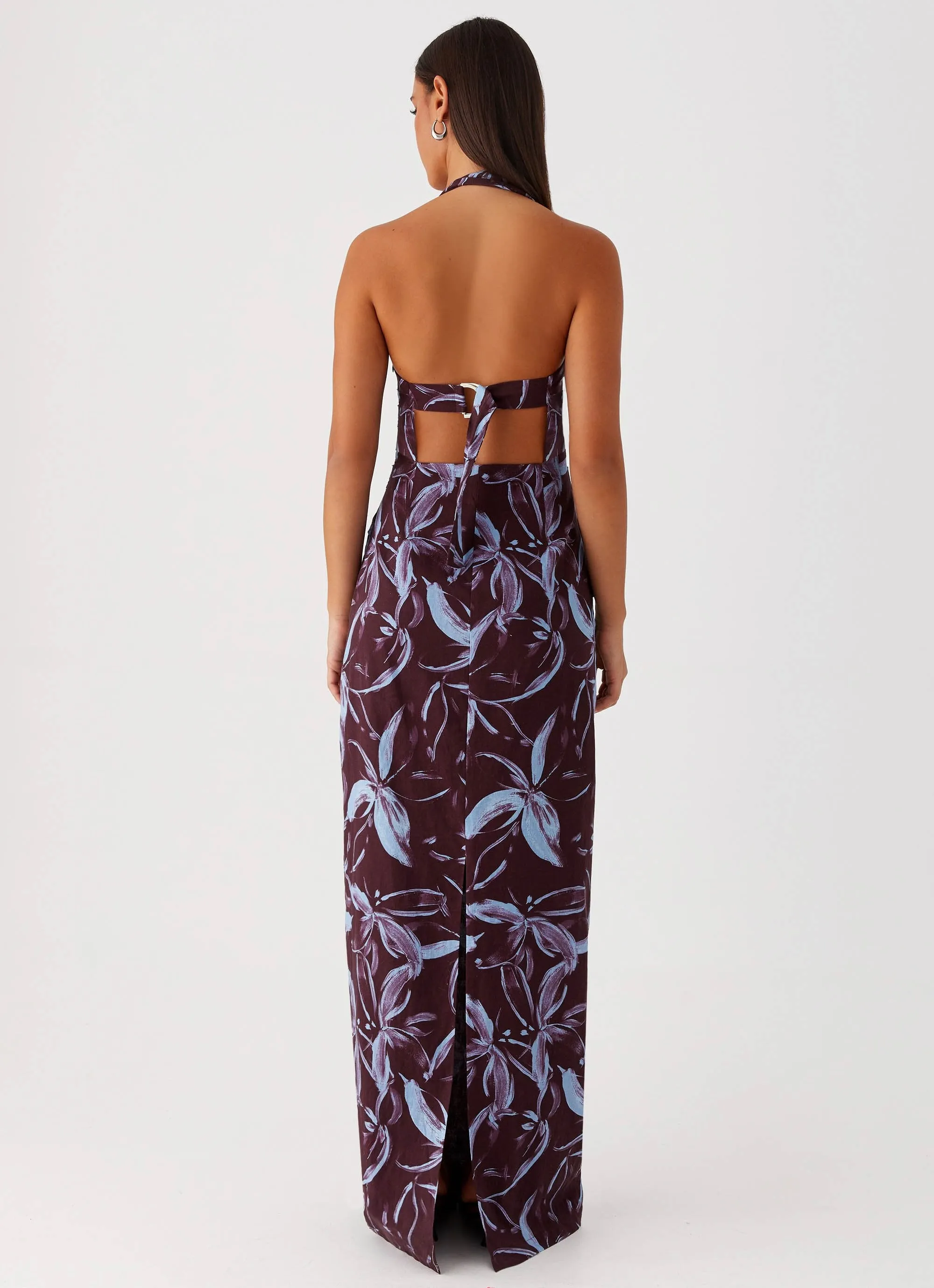 Fauna Halter Maxi Dress - Brown Purple Floral No Bulk Layering System Trendy Outfit