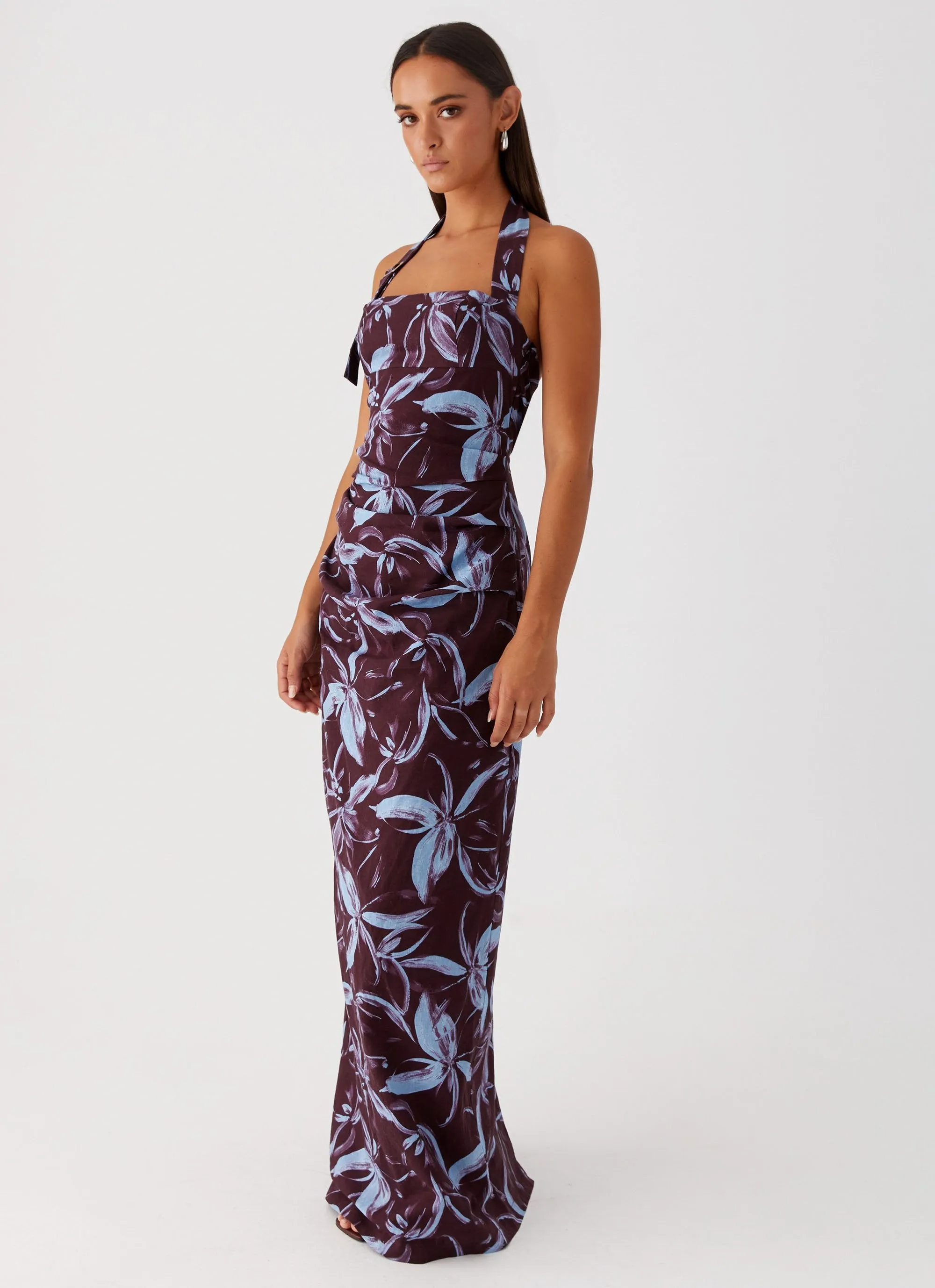 Geometric Shape Fauna Halter Maxi Dress - Brown Purple Floral