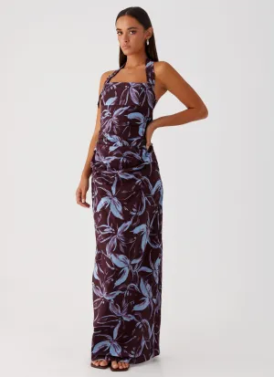 Fauna Halter Maxi Dress - Brown Purple Floral smooth zipper Fauna Halter Maxi Dress - Brown Purple Floral Mature Elegance