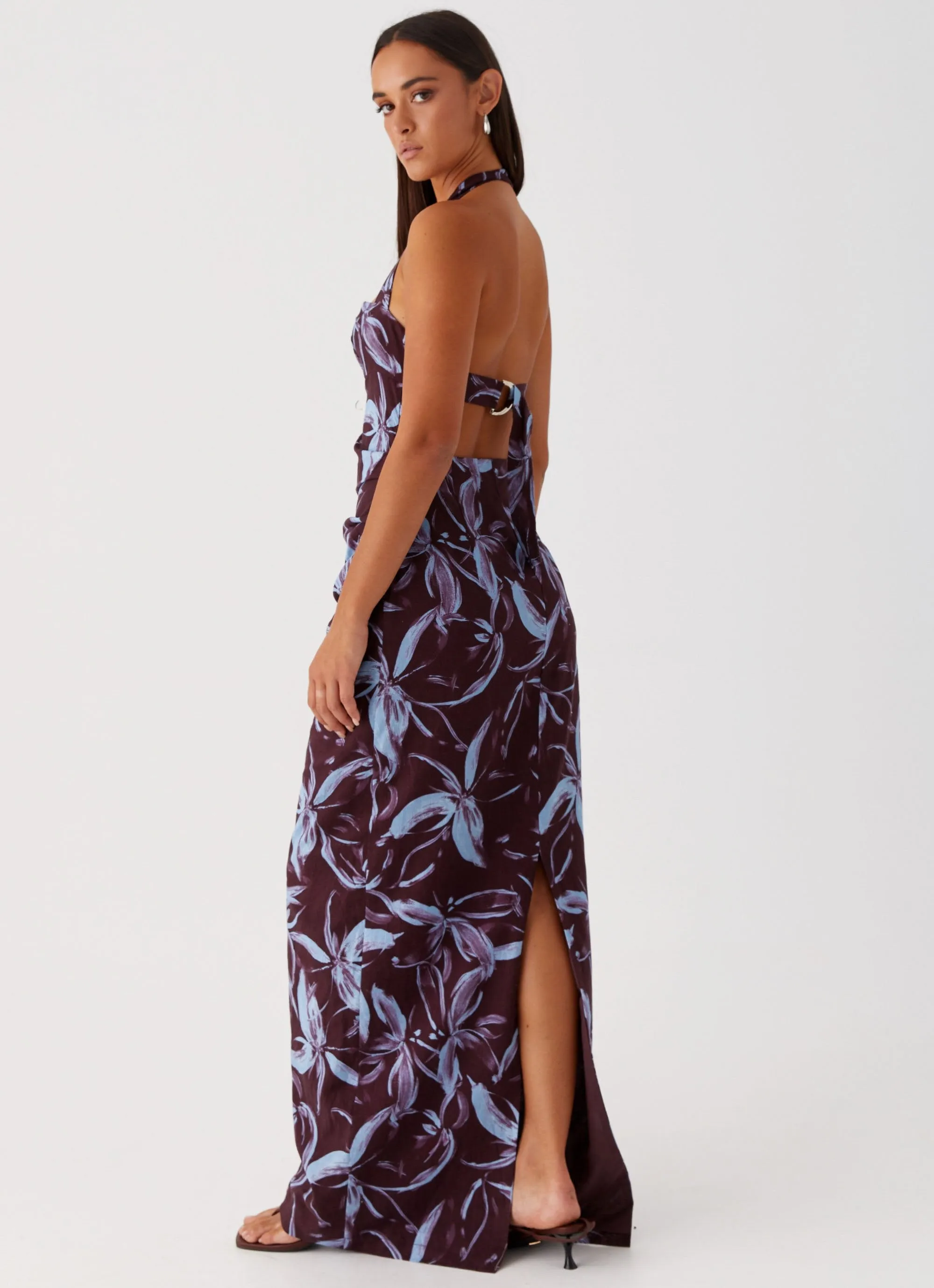 Errand Ready Friends Meetup Fauna Halter Maxi Dress - Brown Purple Floral