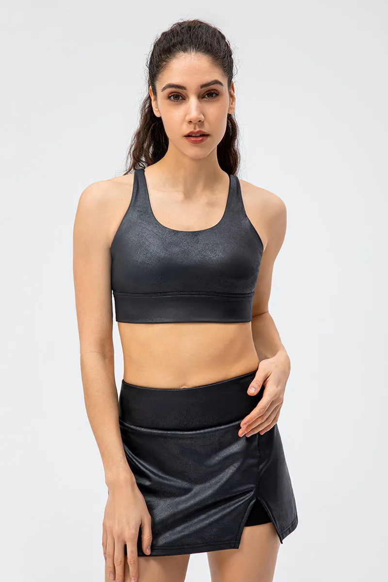 Faux Leather Crisscross Bra Medium Support