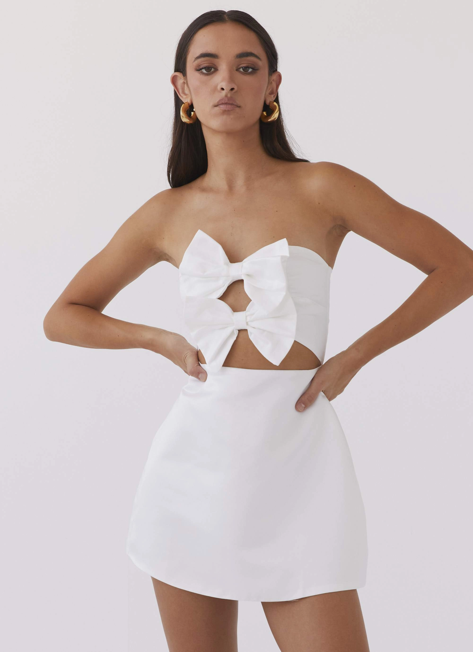 Girl Crush Bow Mini Dress - White Sculpted Detail
