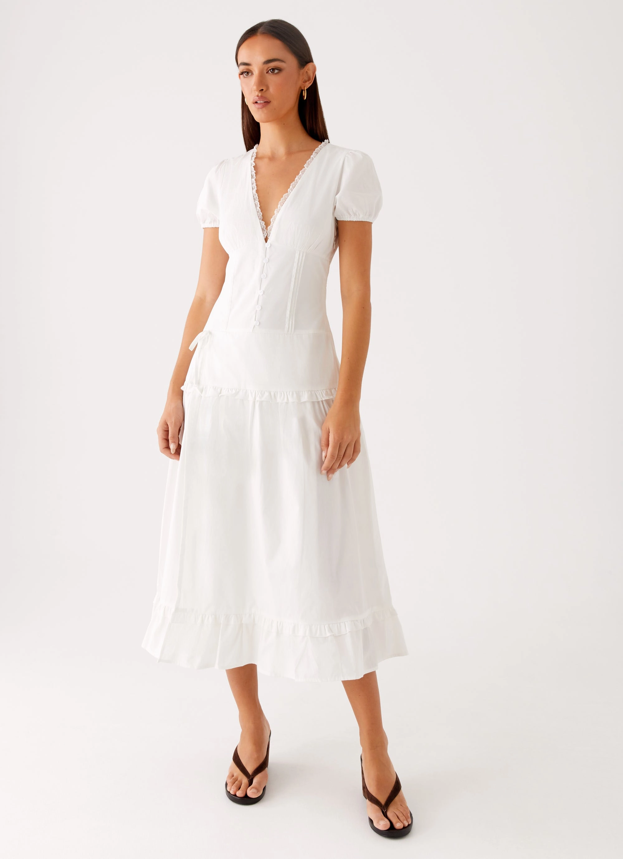 London Midi Dress - White Cozy Layer Asymmetric-Neck