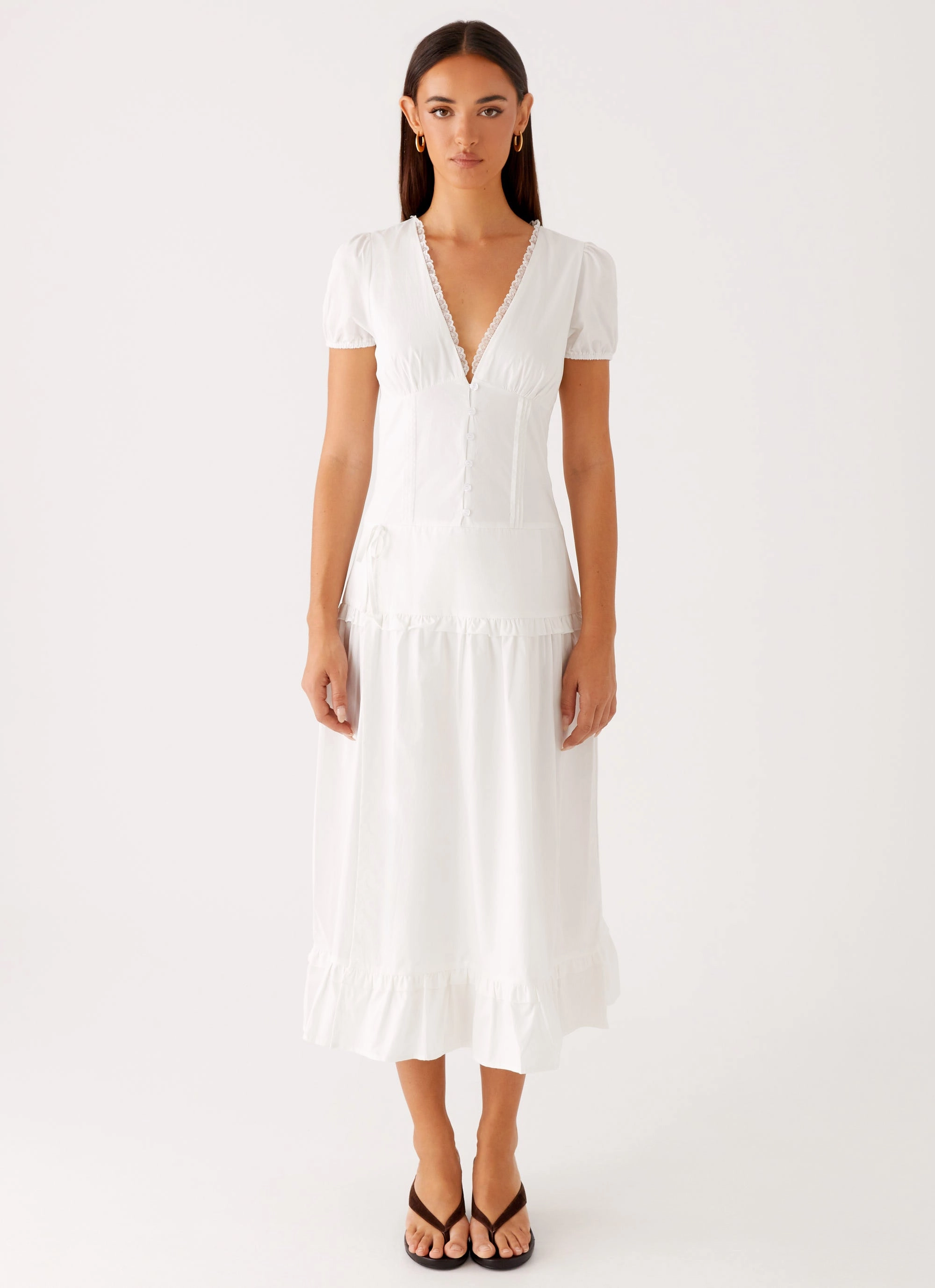 London Midi Dress - White Cap-Sleeve Smooth Motion