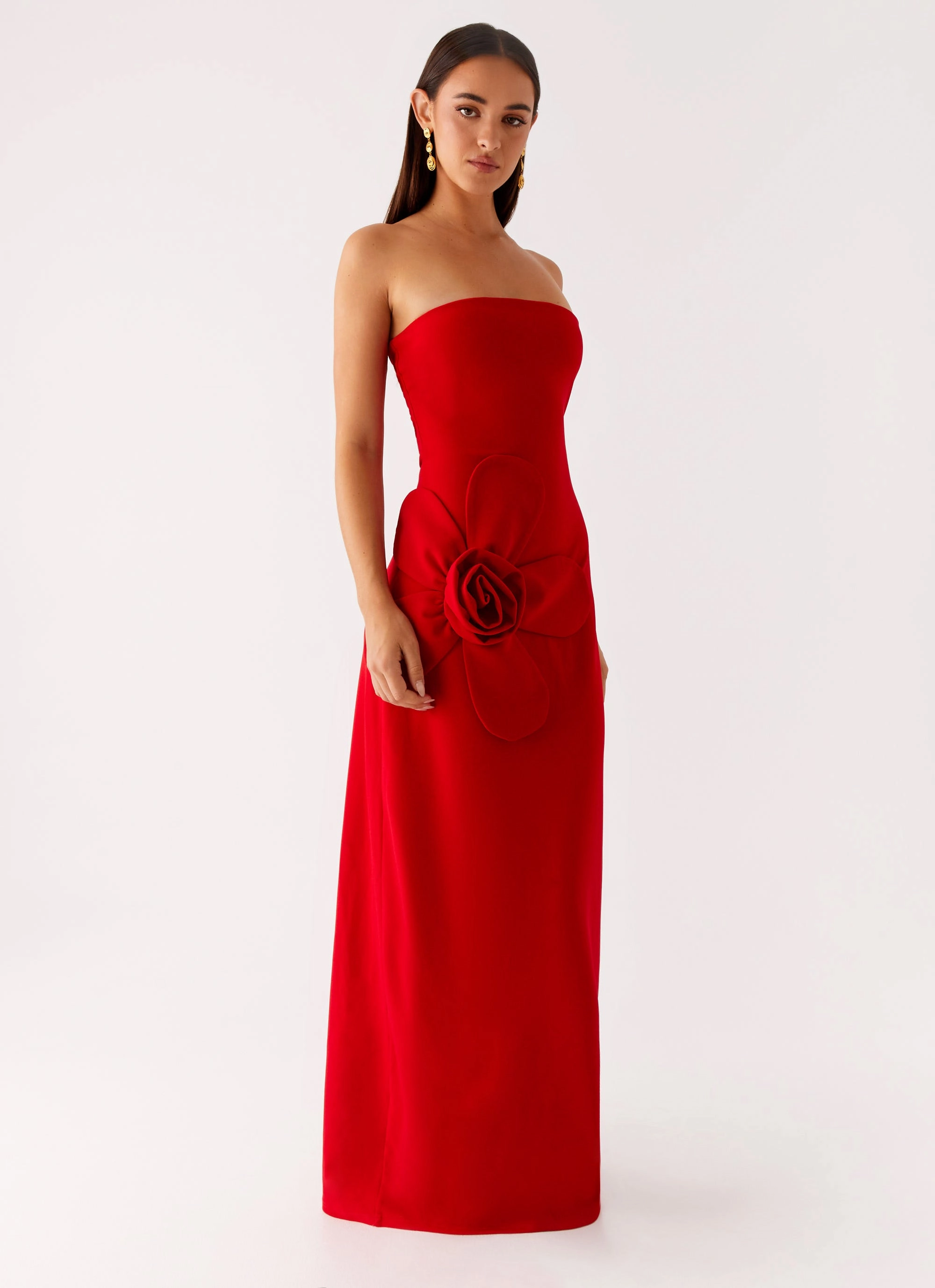 Pink Glow High Neck Hilton Strapless Maxi Dress - Red