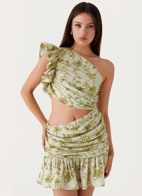 Feminine Waist Maisie Linen Mini Dress - Sage Floral Skin Hug Comfy Detail Maisie Linen Mini Dress - Sage Floral