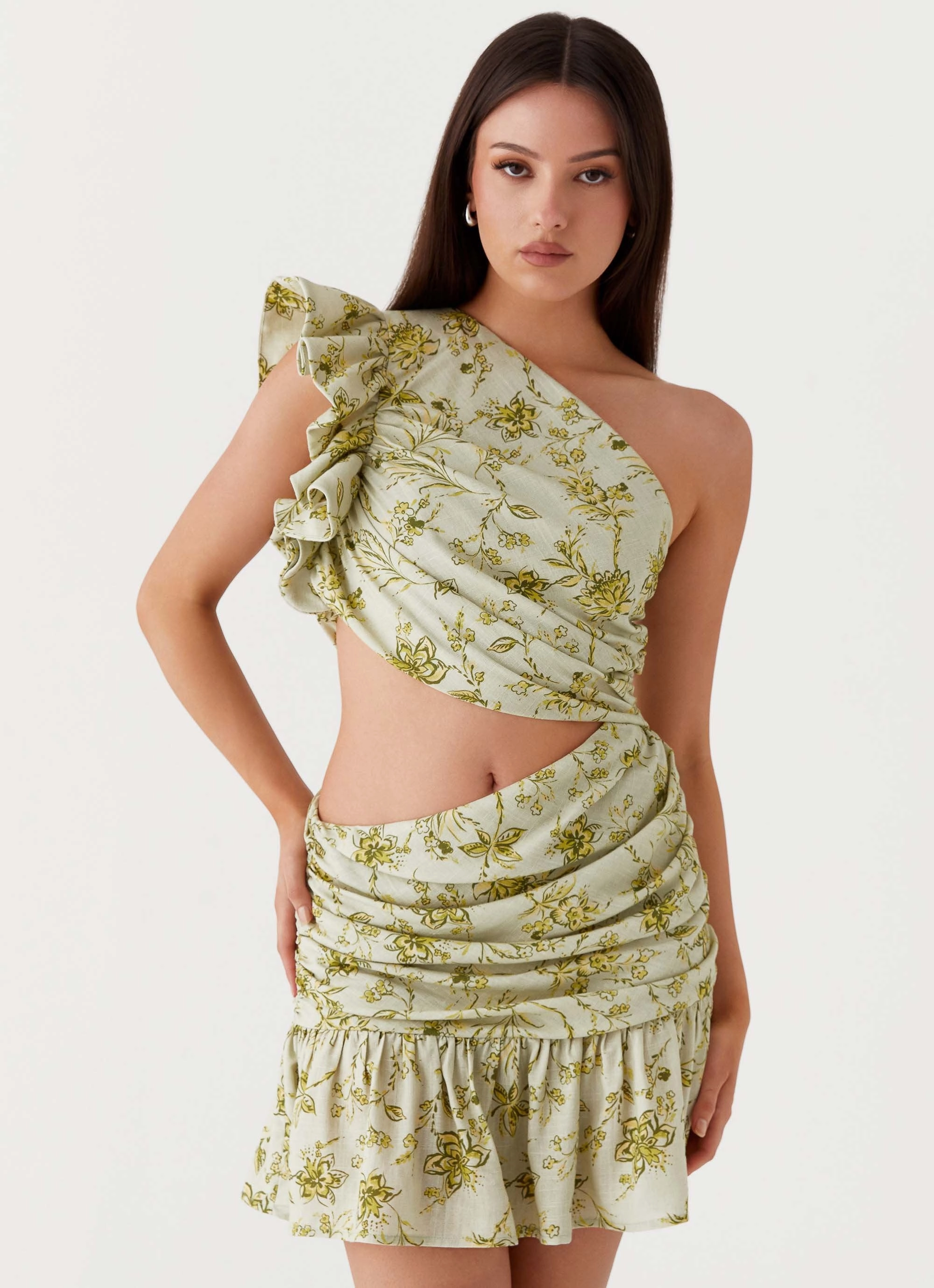 Skin Hug Comfy Detail Maisie Linen Mini Dress - Sage Floral