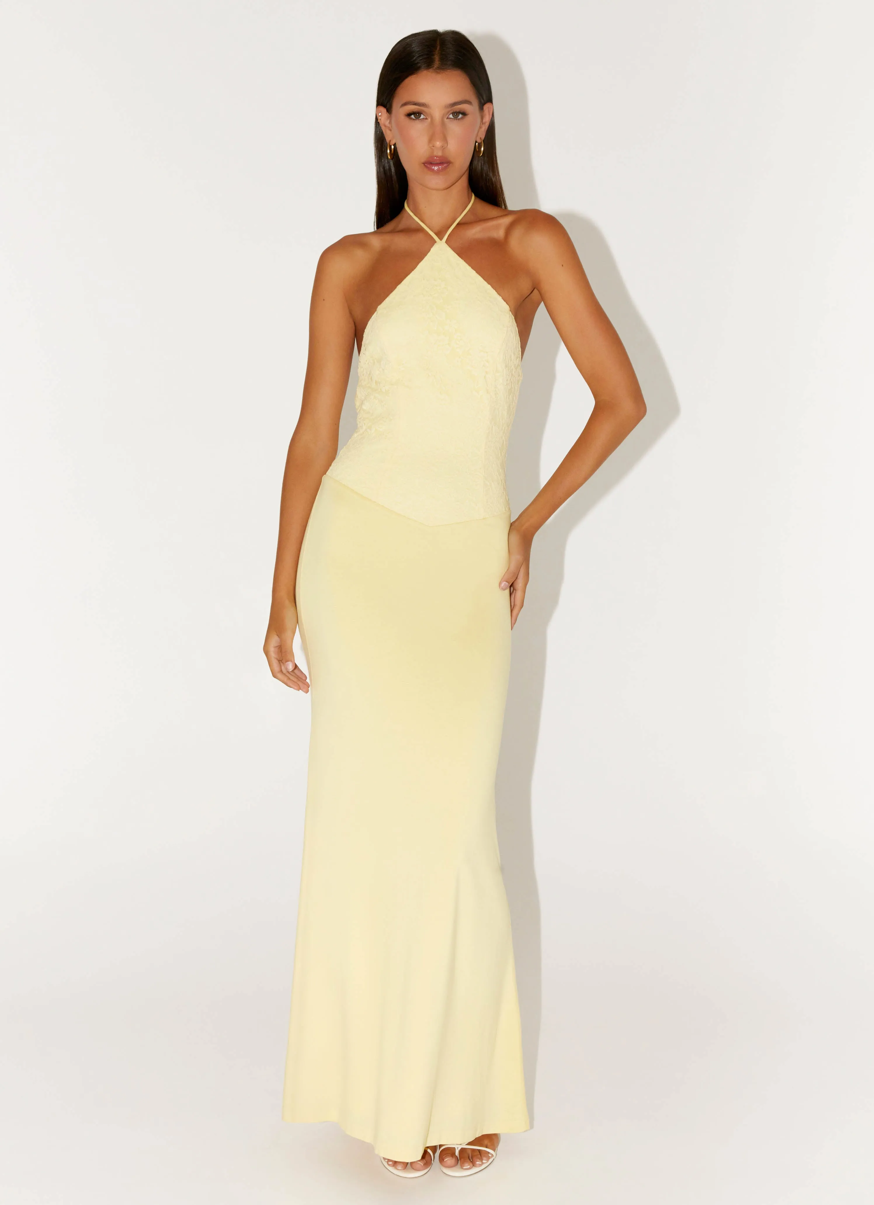 Asymmetrical Cut Durable Quality Fiesta Halter Maxi Dress - Sunny Yellow