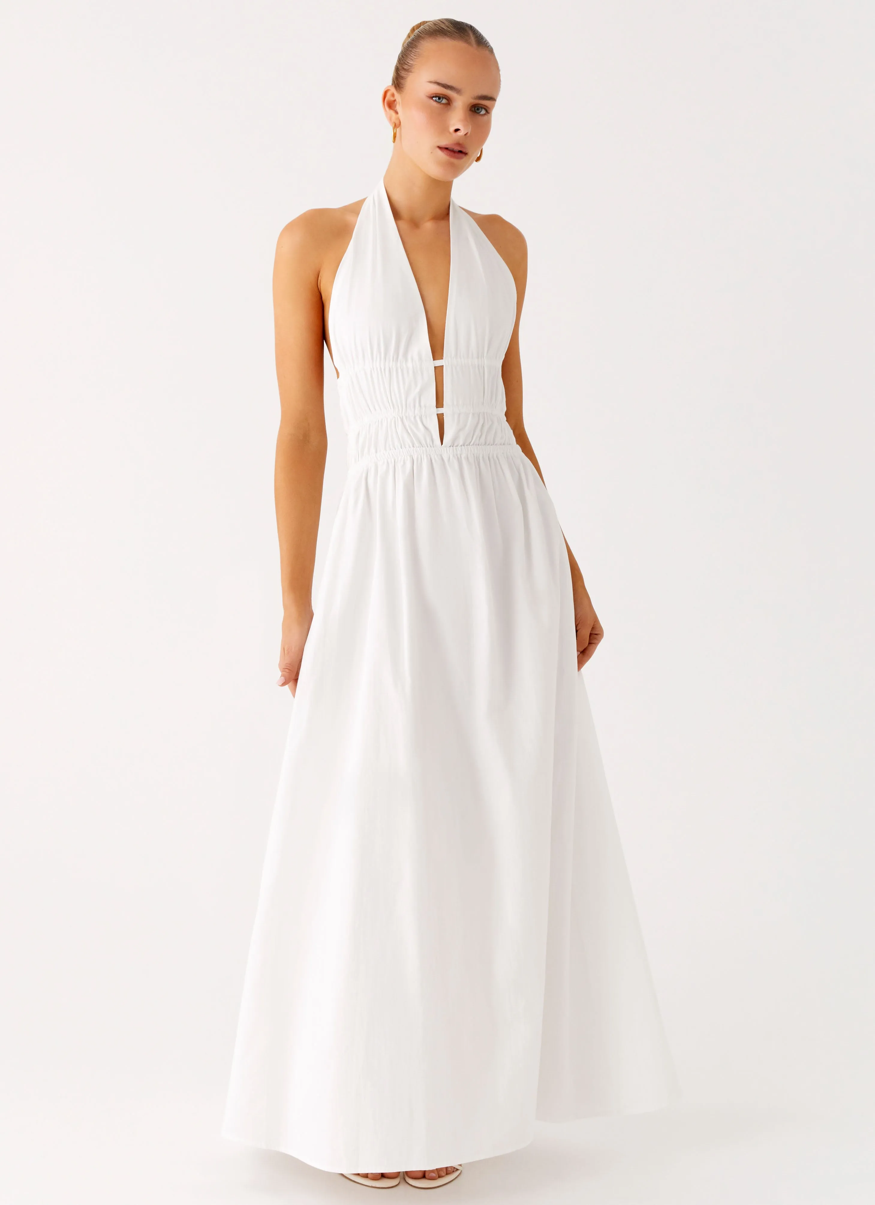 Microfiber Material Figaro Halter Maxi Dress - White