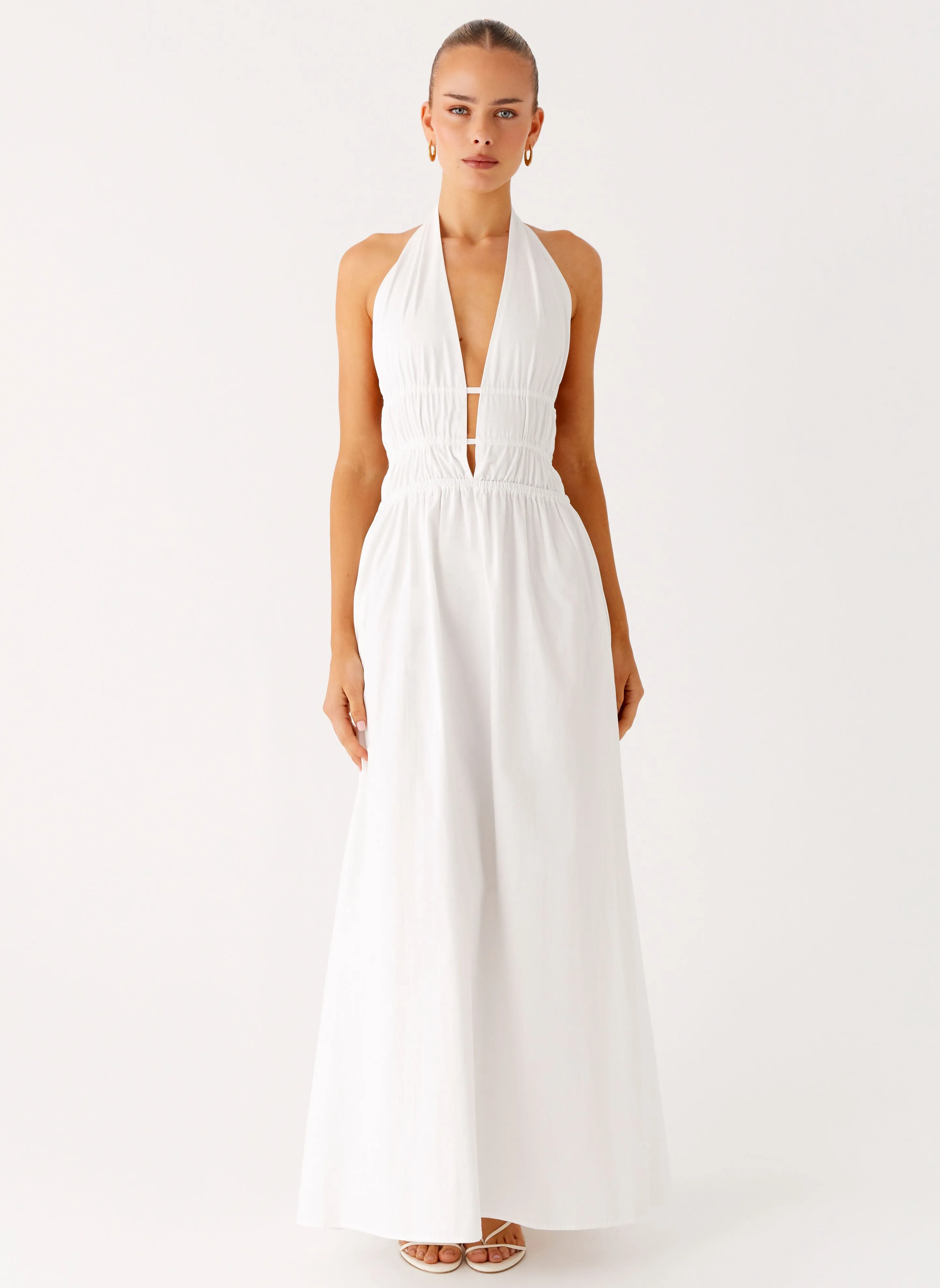 Laser Cut Edge Detail Teen Fashion Figaro Halter Maxi Dress - White