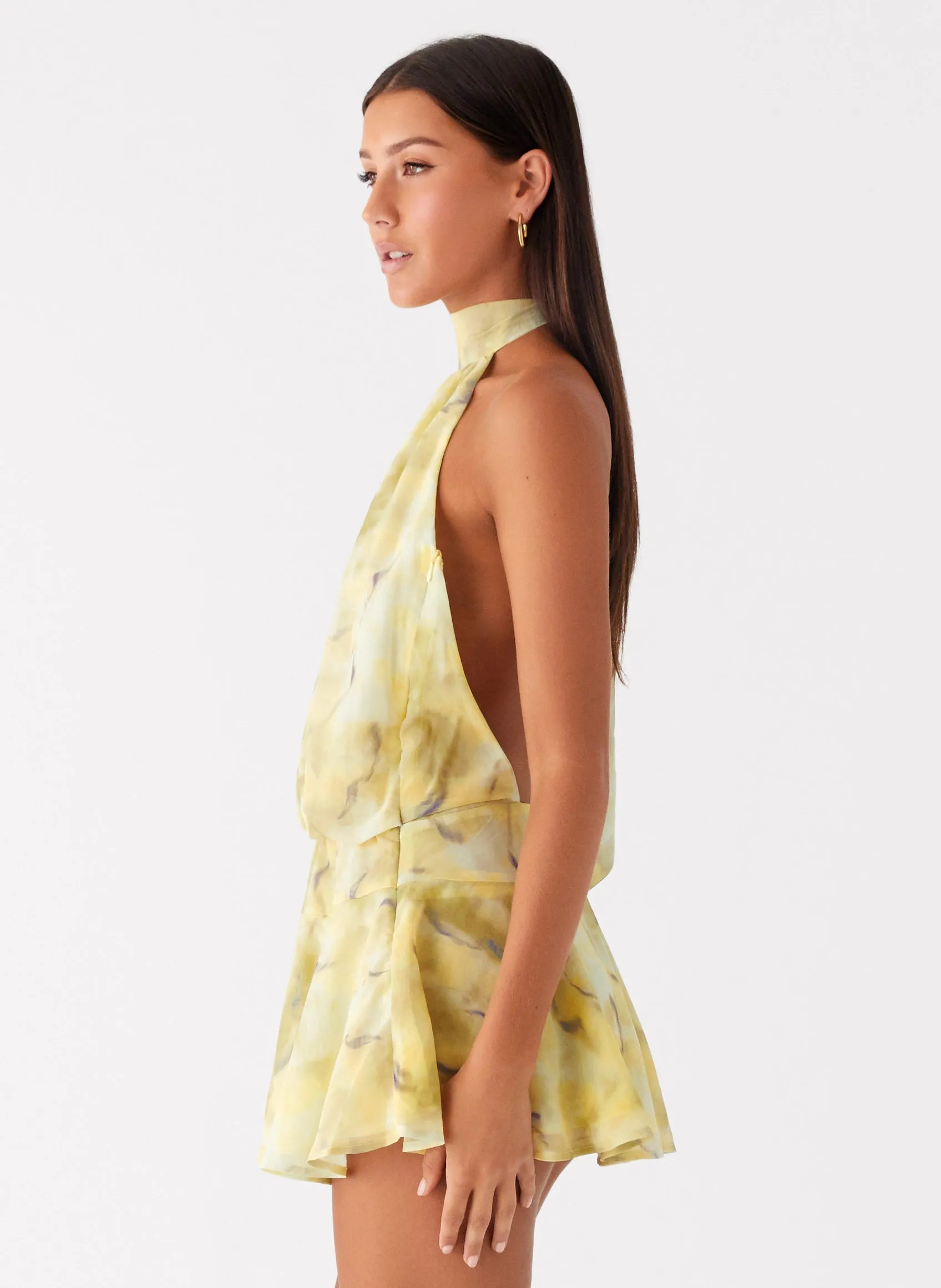 Anniversary Celebration Checkered Style First Date Halter Mini Dress - Yellow Tie Dye