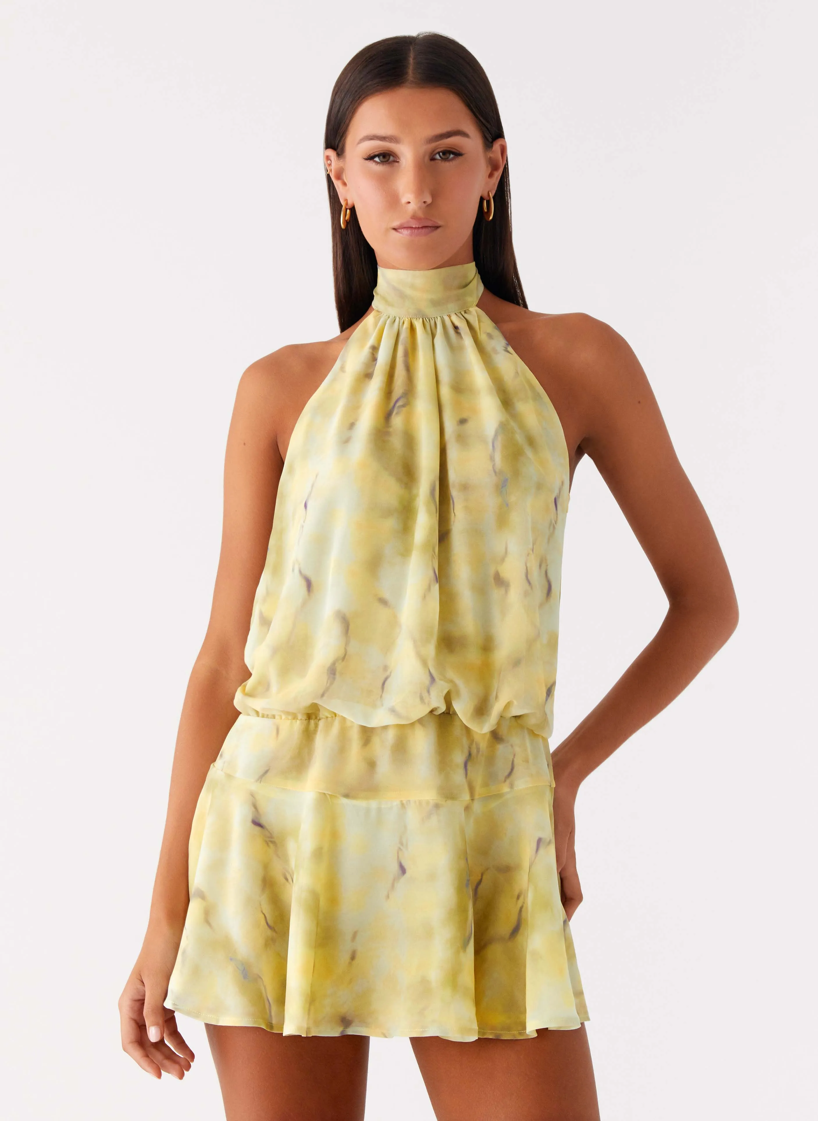 First Date Halter Mini Dress - Yellow Tie Dye Adjustable Cuff Closure Bold Print