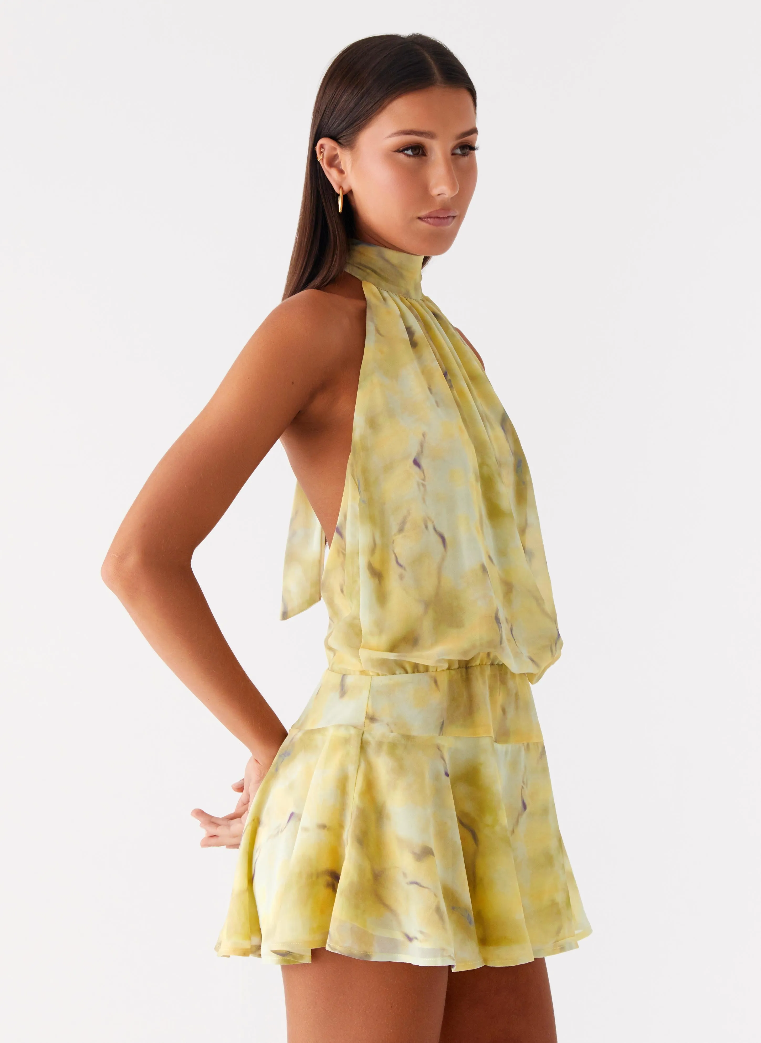 First Date Halter Mini Dress - Yellow Tie Dye Quick Release Placket