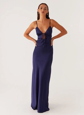 Minimal Mood Elegance Glow Flora Satin Maxi Dress - Navy