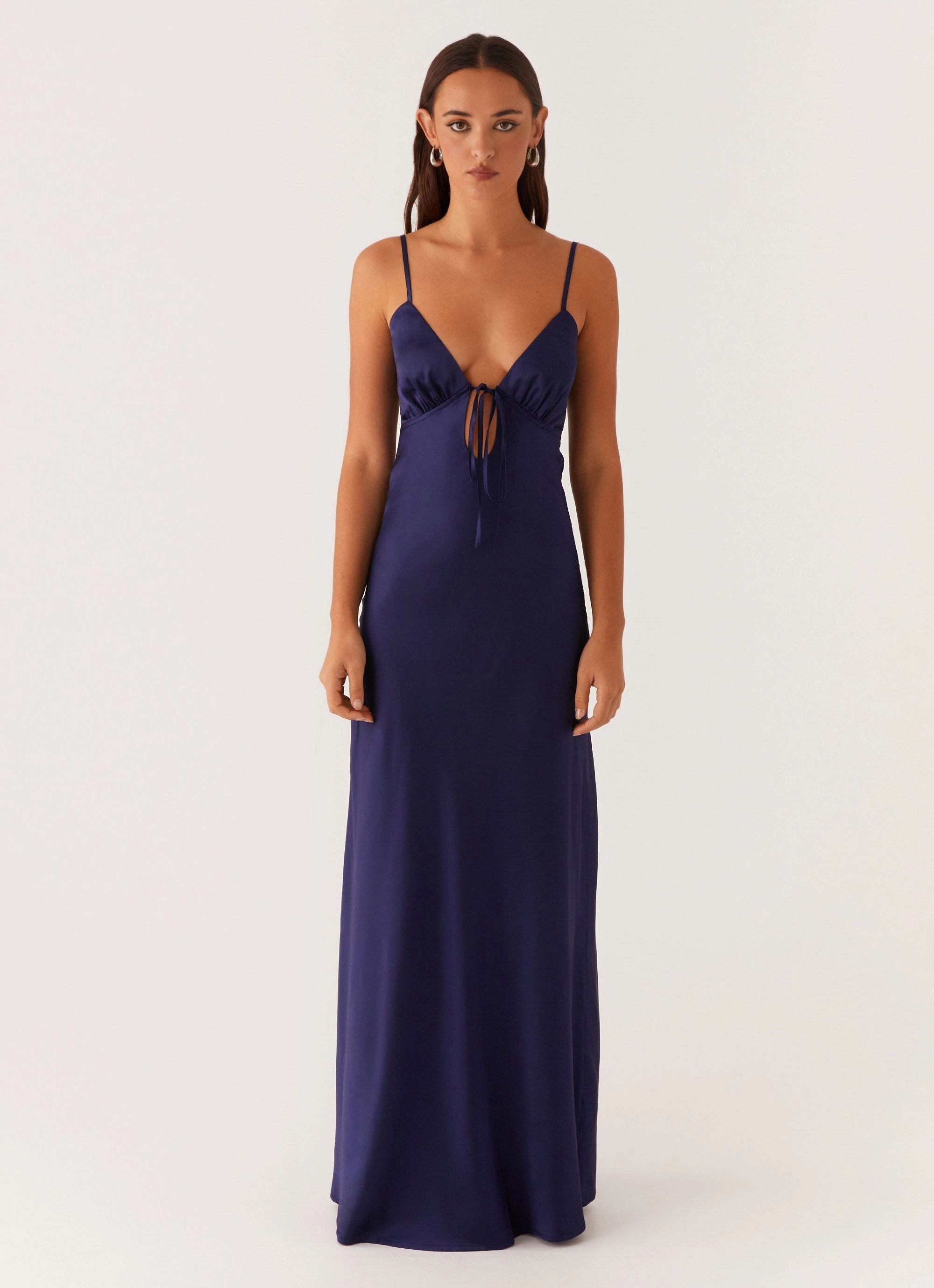 Pure Color Flora Satin Maxi Dress - Navy