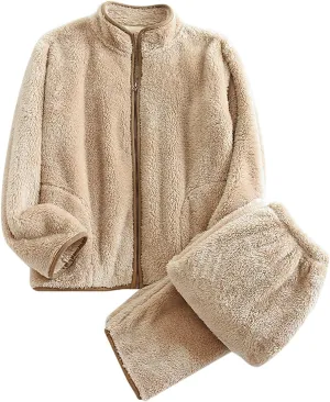 Flannel Warm Pajamas for Women 2 Piece Lounge Sets Cozy Soft Zip Up Coat Loose Fit Pants Fall Winter Outfits