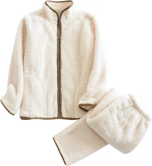 Flannel Warm Pajamas for Women 2 Piece Lounge Sets Cozy Soft Zip Up Coat Loose Fit Pants Fall Winter Outfits