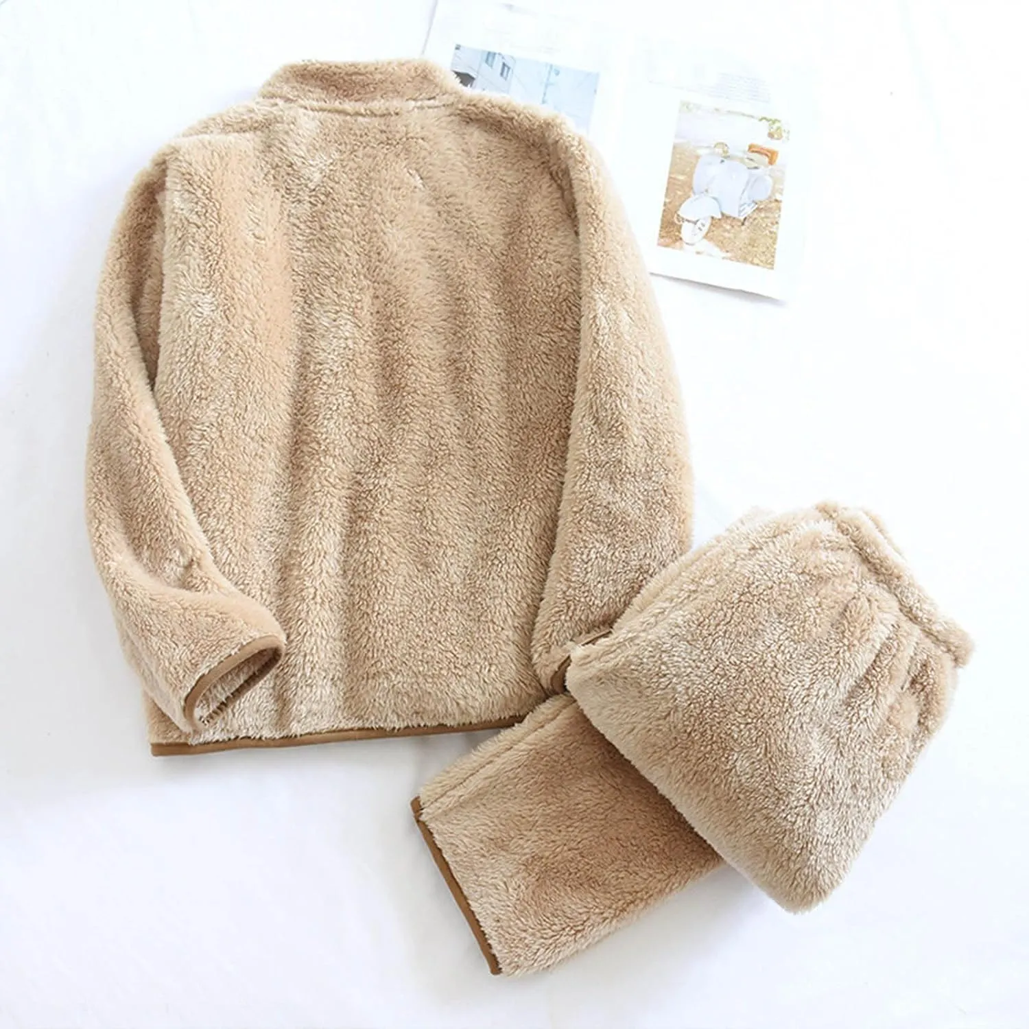 Flannel Warm Pajamas for Women 2 Piece Lounge Sets Cozy Soft Zip Up Coat Loose Fit Pants Fall Winter Outfits