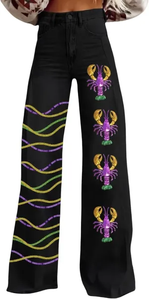 Flare Jeans for Women 2025 Wide Leg Baggy Pant Vintage Floral Print High Waisted Straight Stretch Pants with Pockets