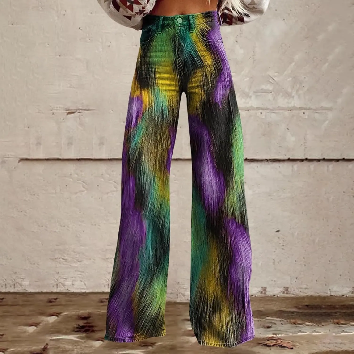 Flare Jeans for Women 2025 Wide Leg Baggy Pant Vintage Floral Print High Waisted Straight Stretch Pants with Pockets