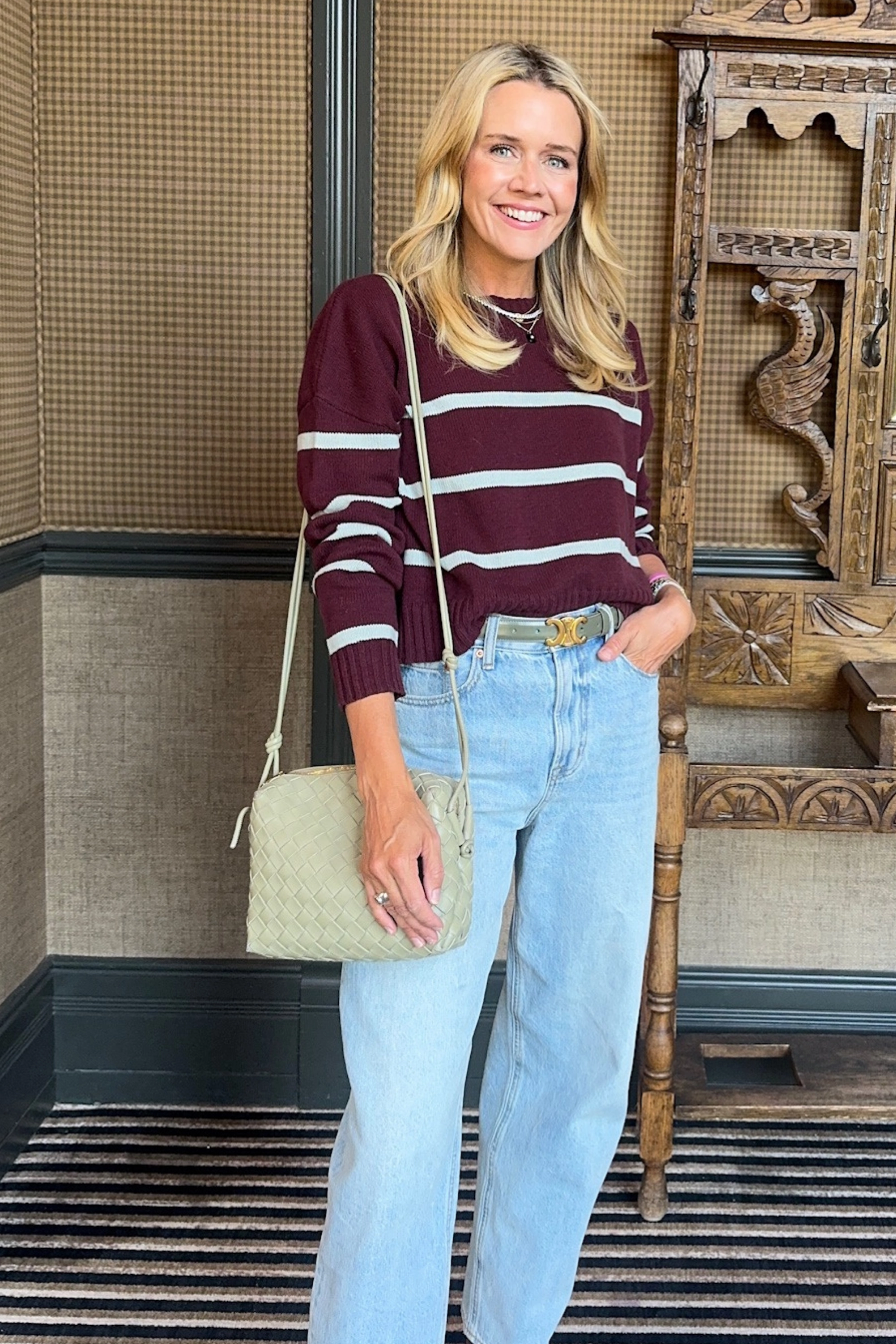 MASON'S DAUGHTER | Danielle Sweater, Burgundy & Gray Striped Knit Flatlock Seams Tapered Look