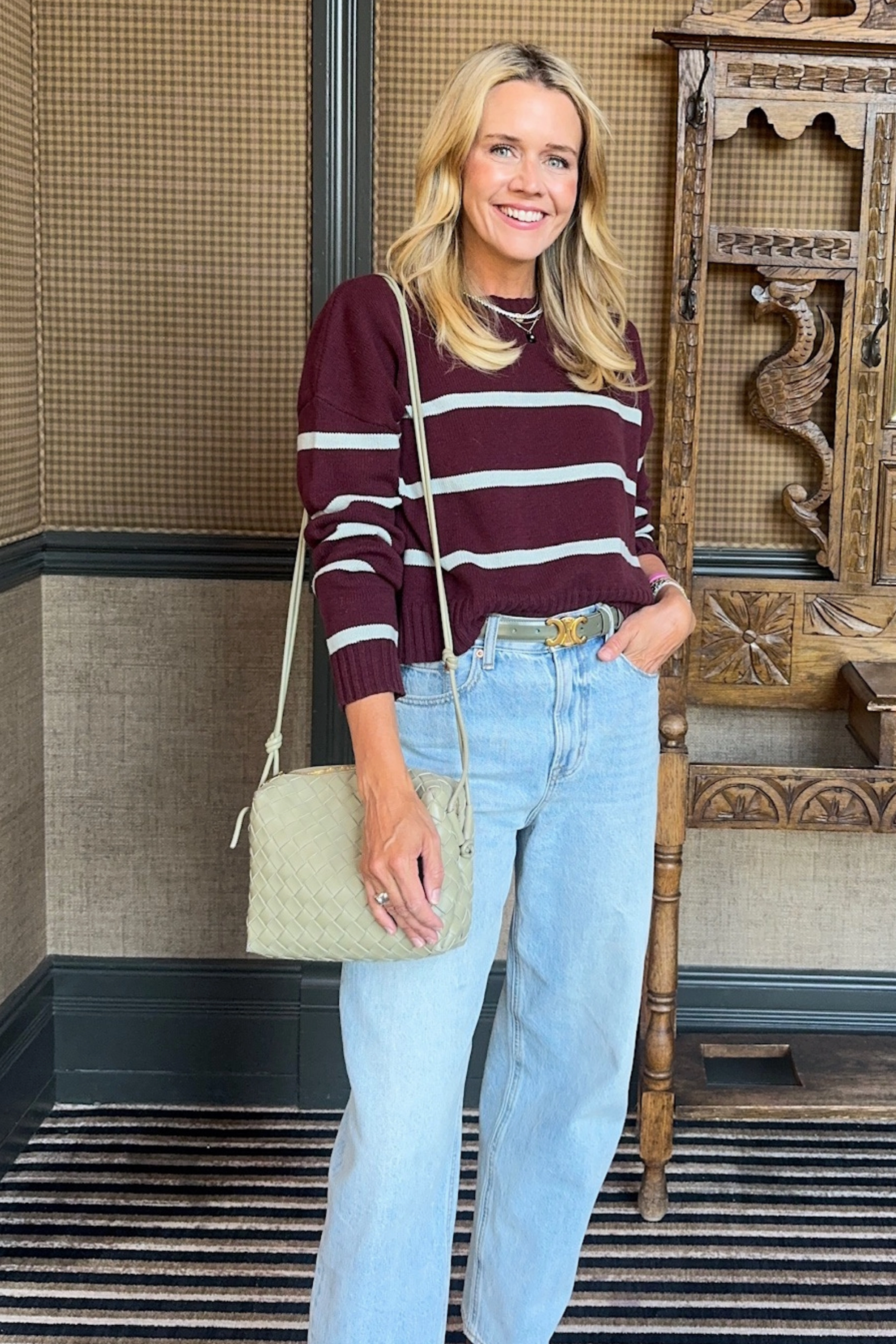 MASON'S DAUGHTER | Danielle Sweater, Burgundy & Gray Striped Knit Sweat Wicking Liner Comfortable Fashion