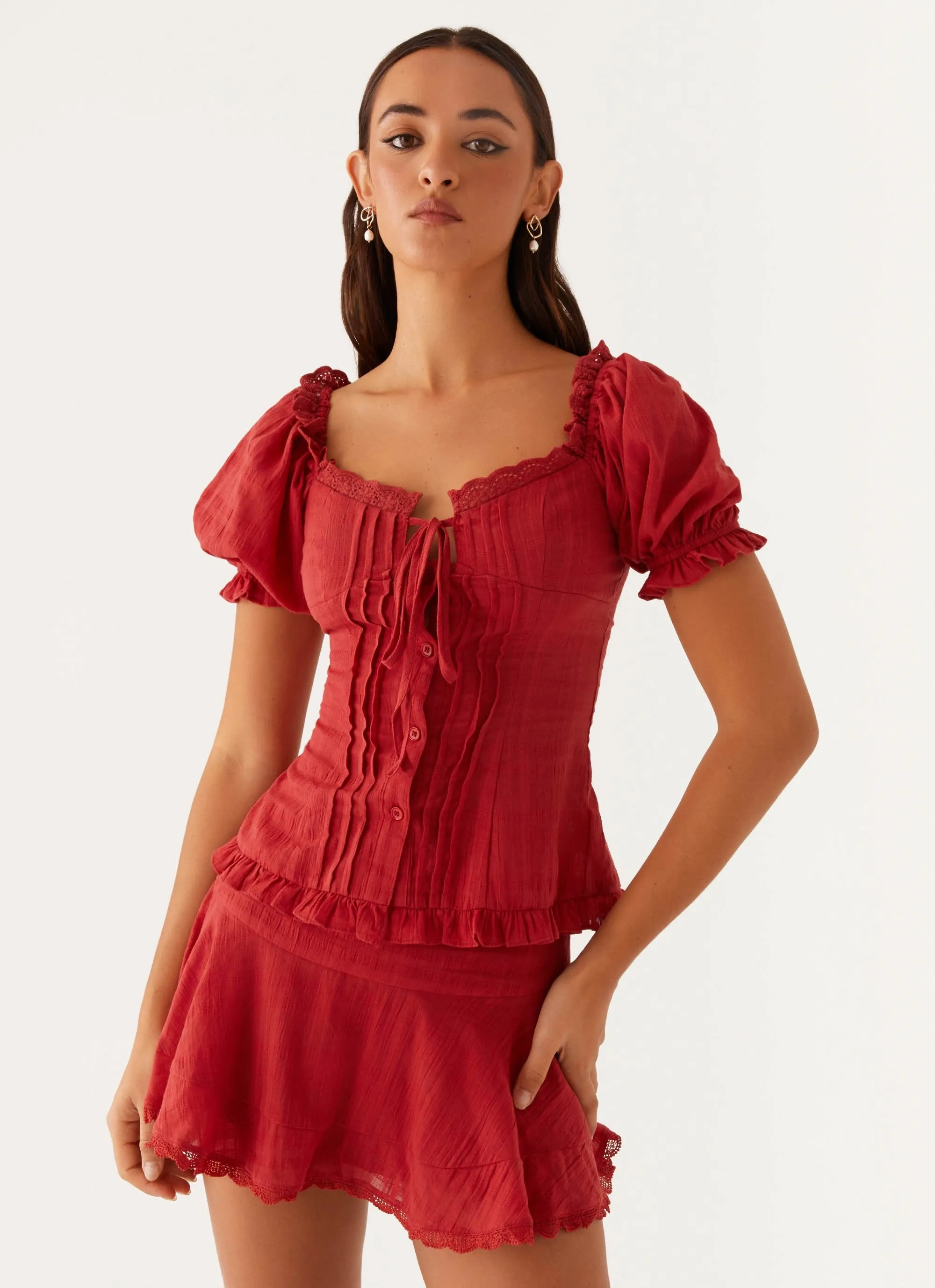 Hundred Percent Mini Skirt - Red Crisp Details Linen Cotton Mix