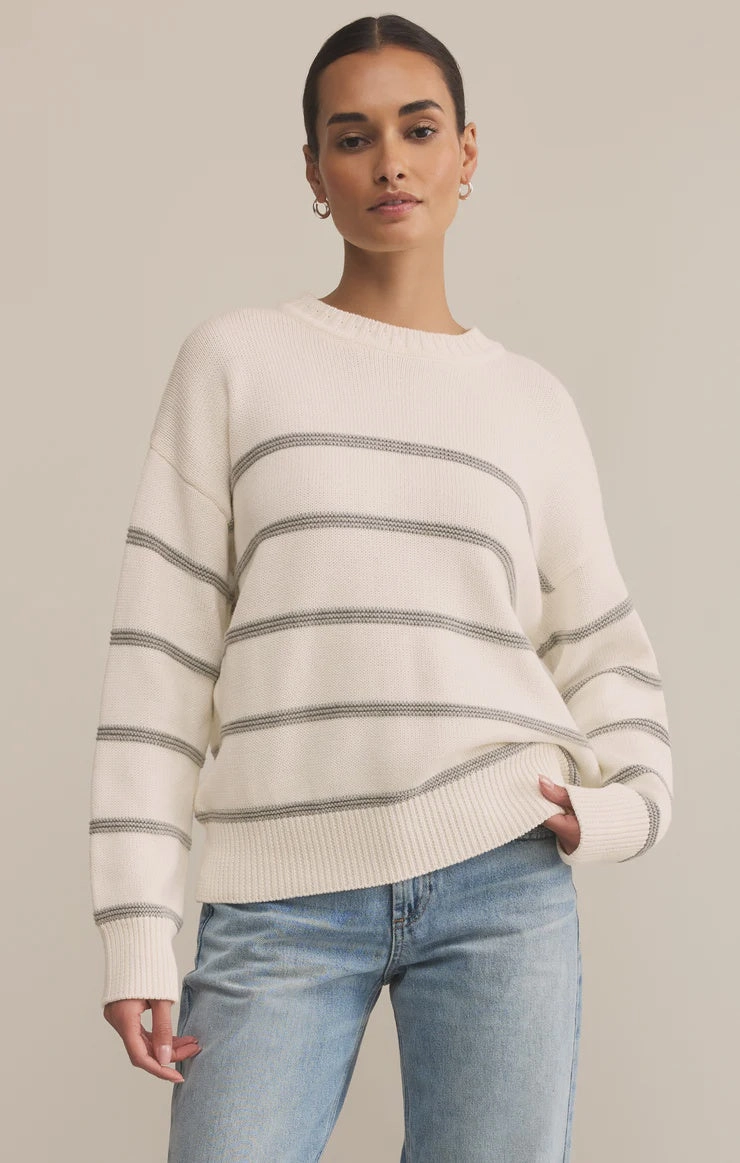 Reflective Trim Ventilated Side Panels Boyfriend Stripe Sweater - White