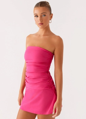 Terra Gathered Mini Dress - Fuchsia polka-dot